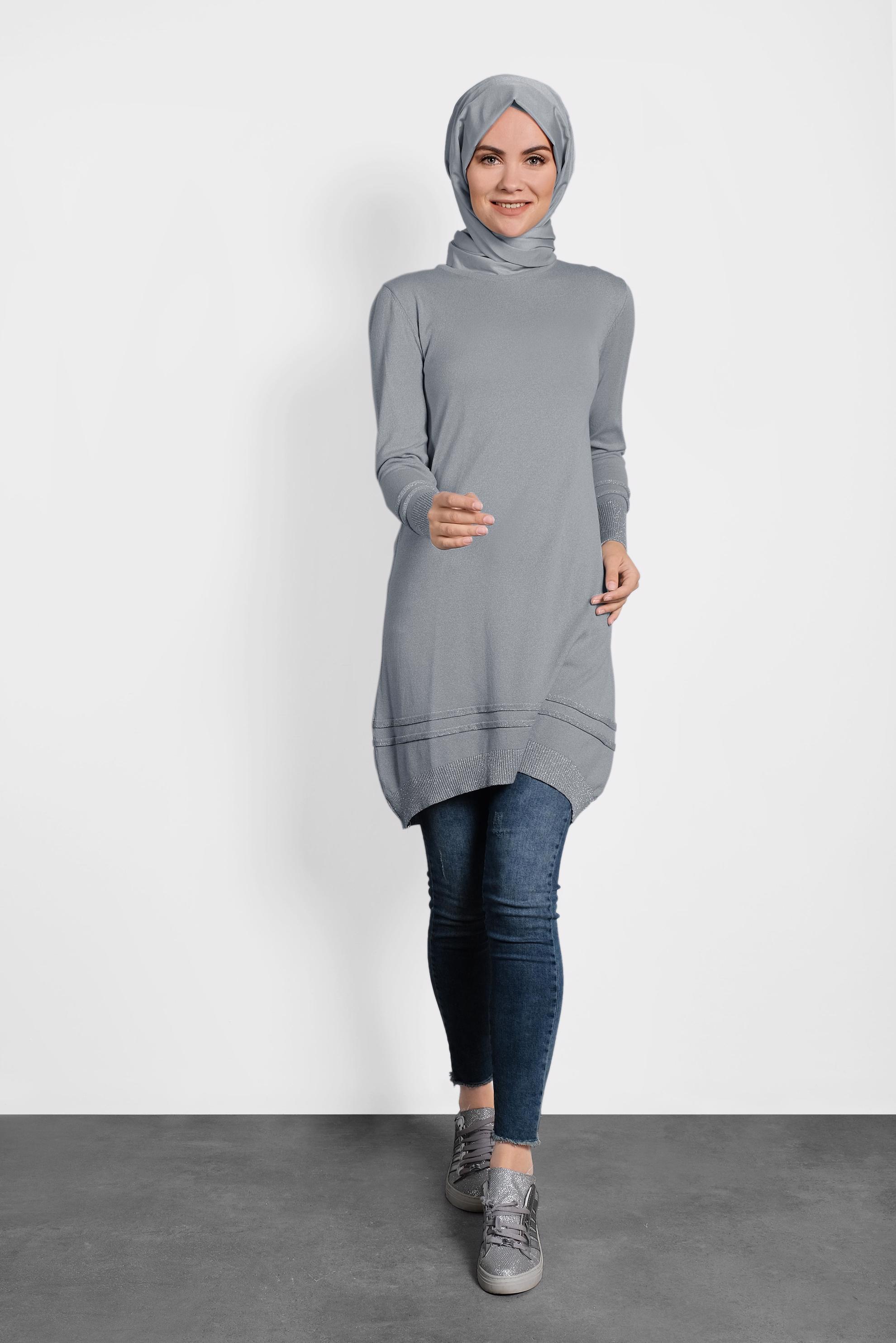Tesettür giyim GRİ SİM DETAYLI TRİKO TUNİK 4524