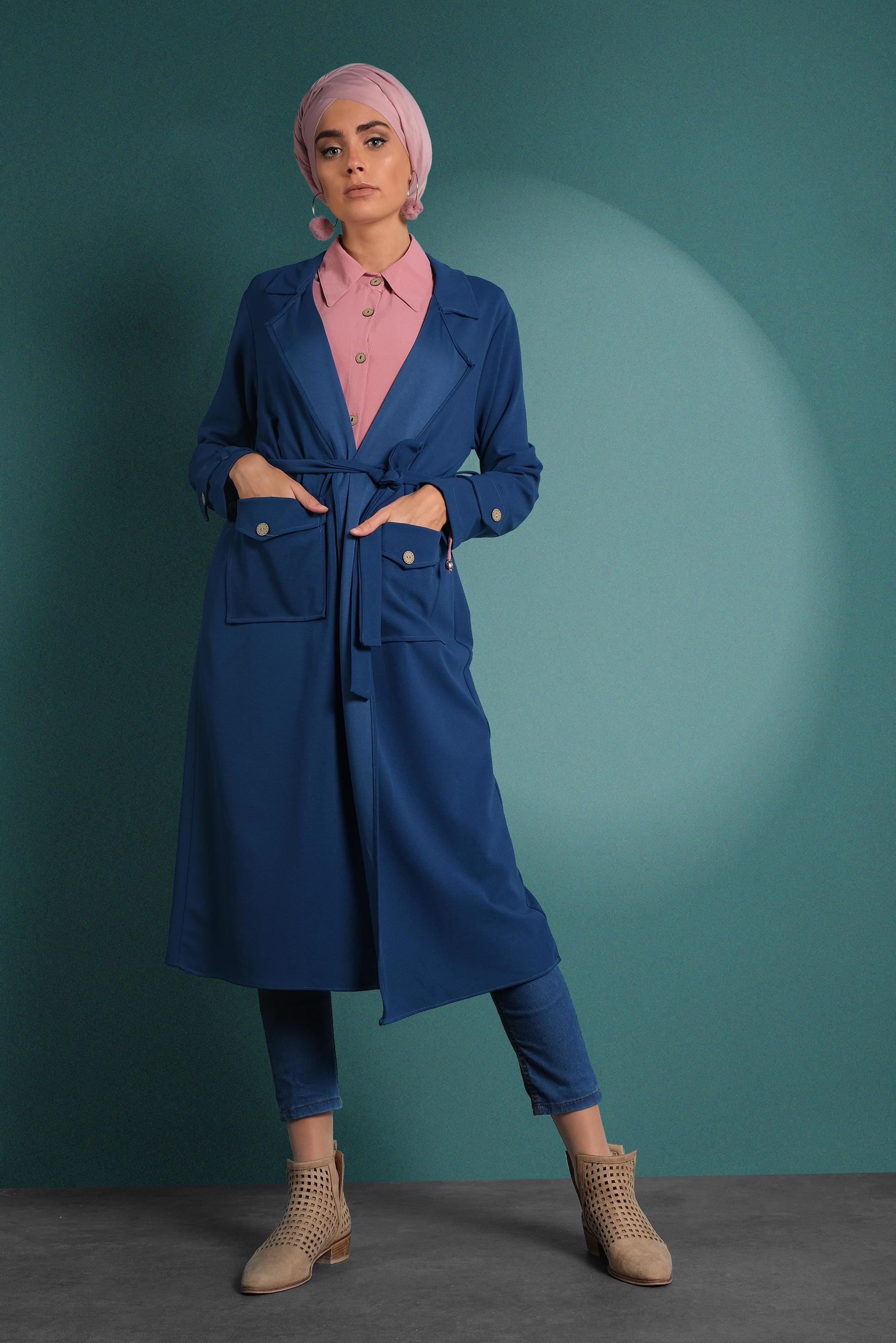 Hijab clothing NAVY BLUE CORDUROY TRENCH-COAT 4030  