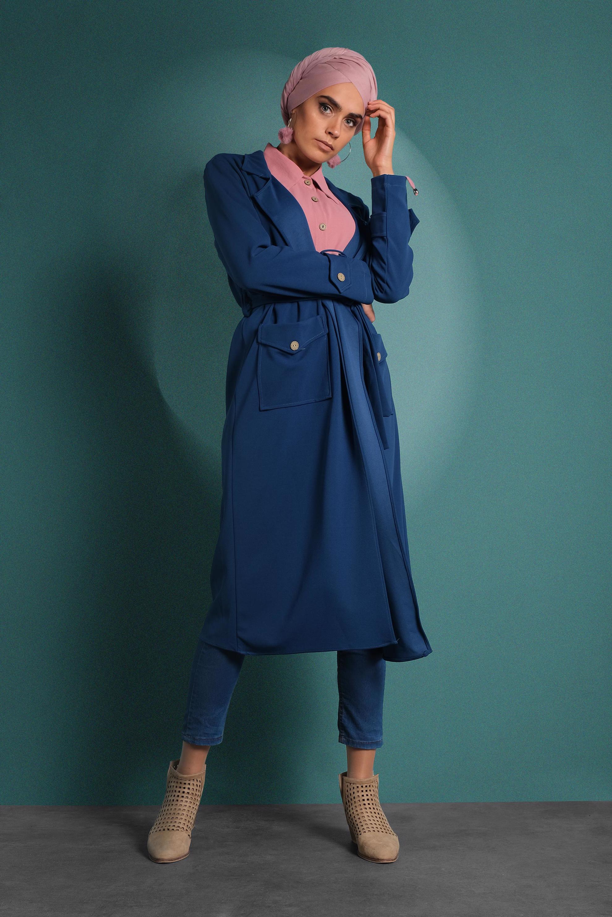 Hijab clothing NAVY BLUE CORDUROY TRENCH-COAT 4030  