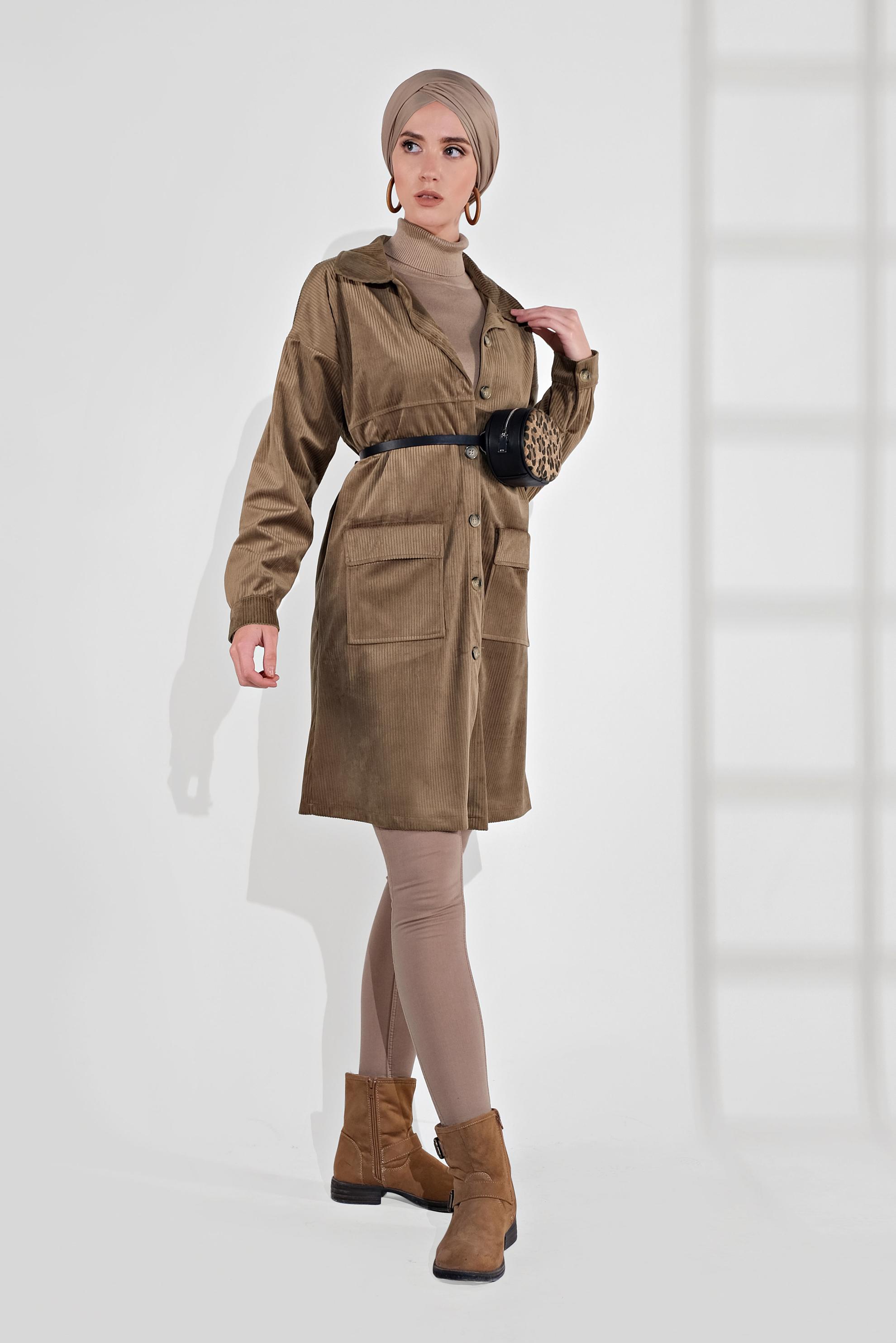 Tesettür giyim KAHVE KADİFE TRENÇKOT 4031