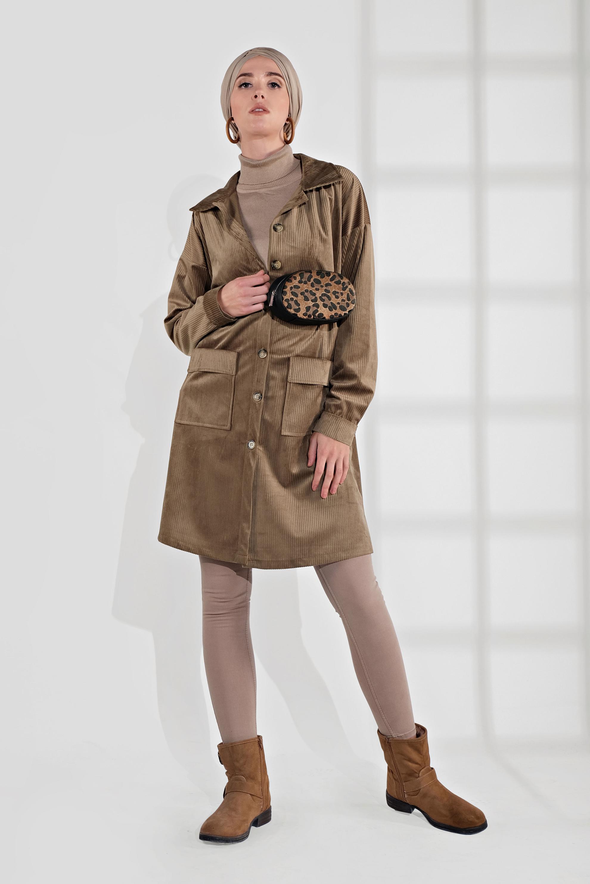 Tesettür giyim KAHVE KADİFE TRENÇKOT 4031