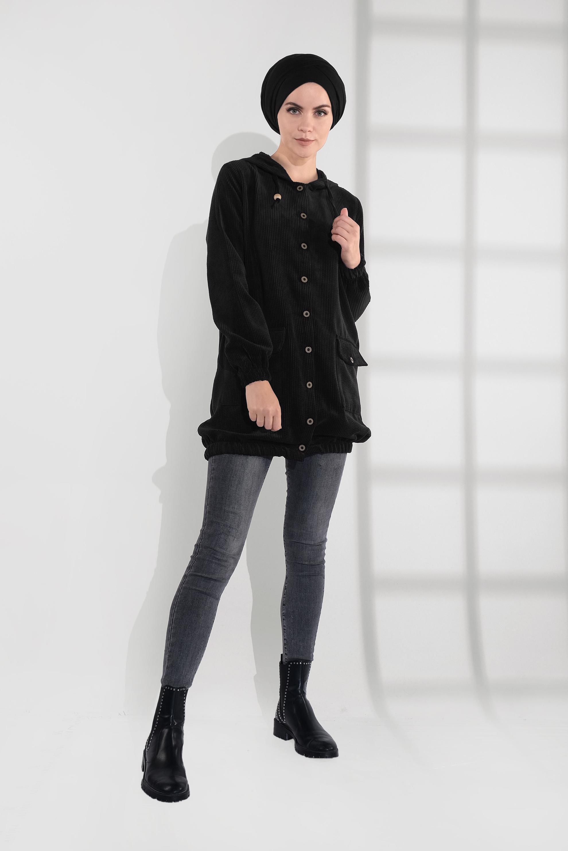 Tesettür giyim SİYAH FİTİLLİ KADİFE TRENÇKOT 4032