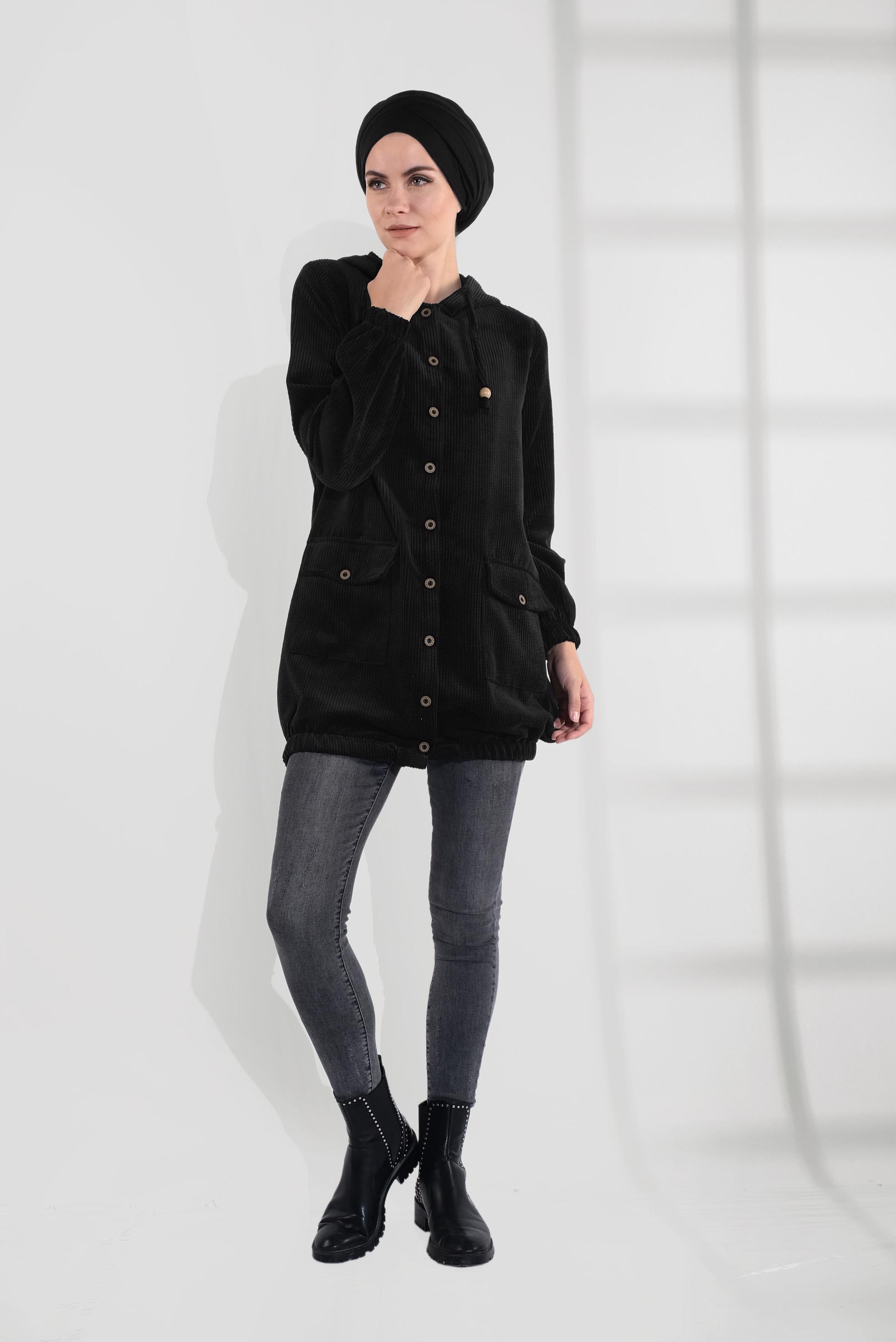 Tesettür giyim SİYAH FİTİLLİ KADİFE TRENÇKOT 4032