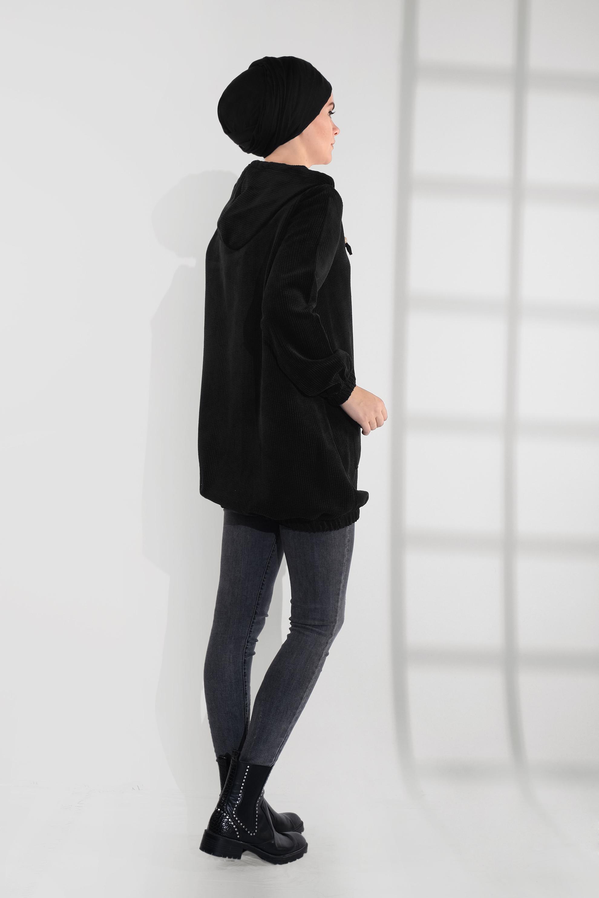 Tesettür giyim SİYAH FİTİLLİ KADİFE TRENÇKOT 4032