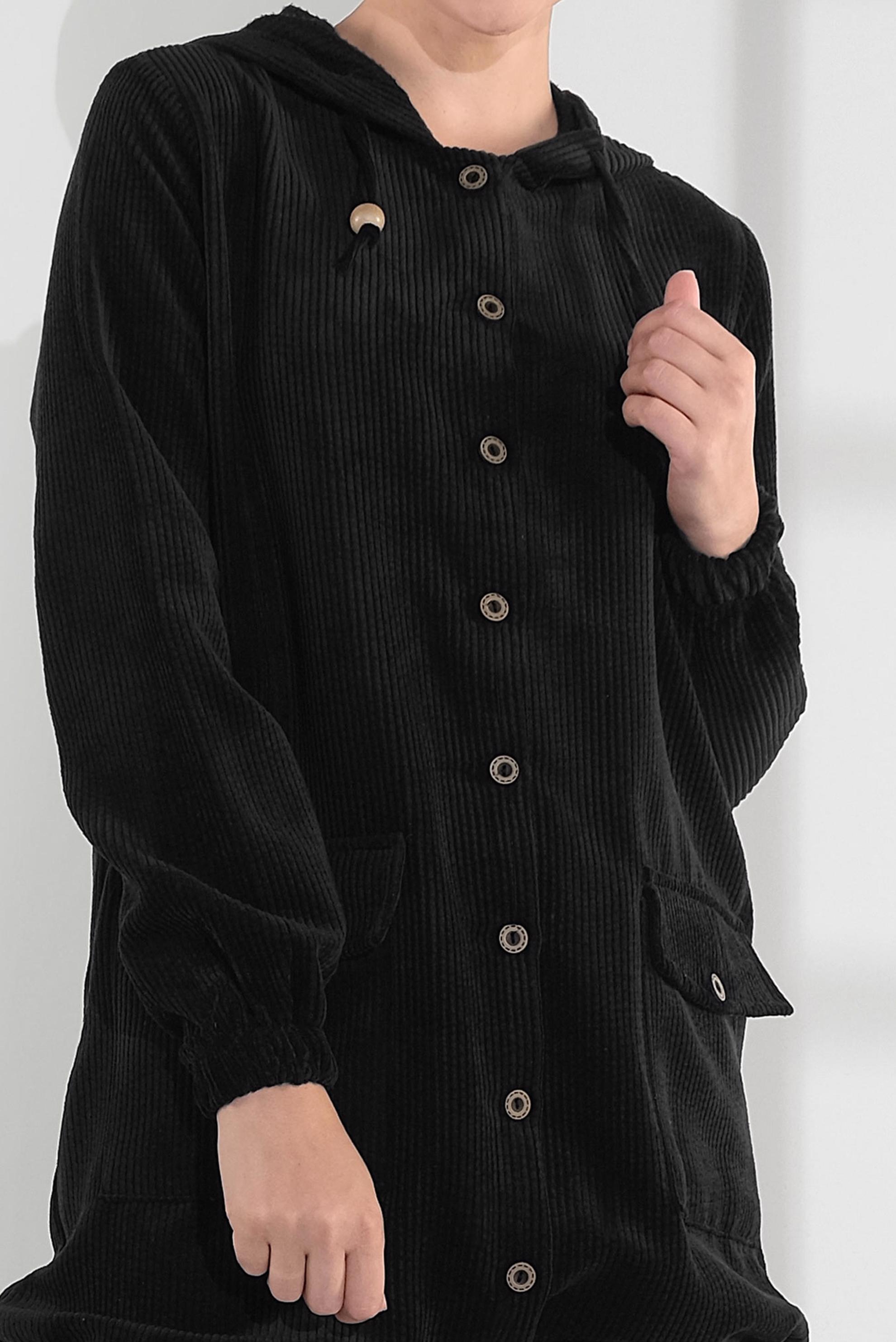 Tesettür giyim SİYAH FİTİLLİ KADİFE TRENÇKOT 4032