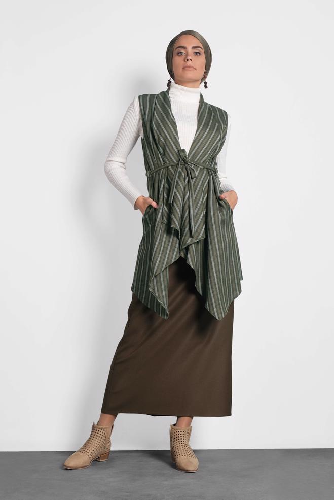 Vêtements hijab KAKI GILET À COUPE ASYMÉTRIQUE 40234  - ALVİNA