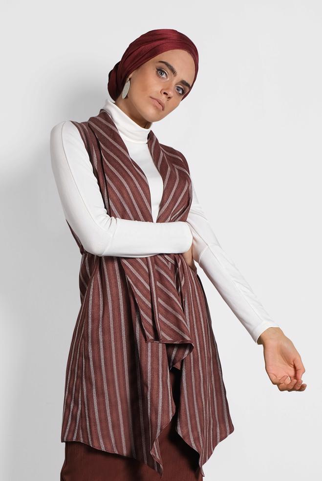 Tesettür giyim TURUNCU ÇİZGİLİ ASİMETRİK KESİM YELEK 40234 - ALVİNA