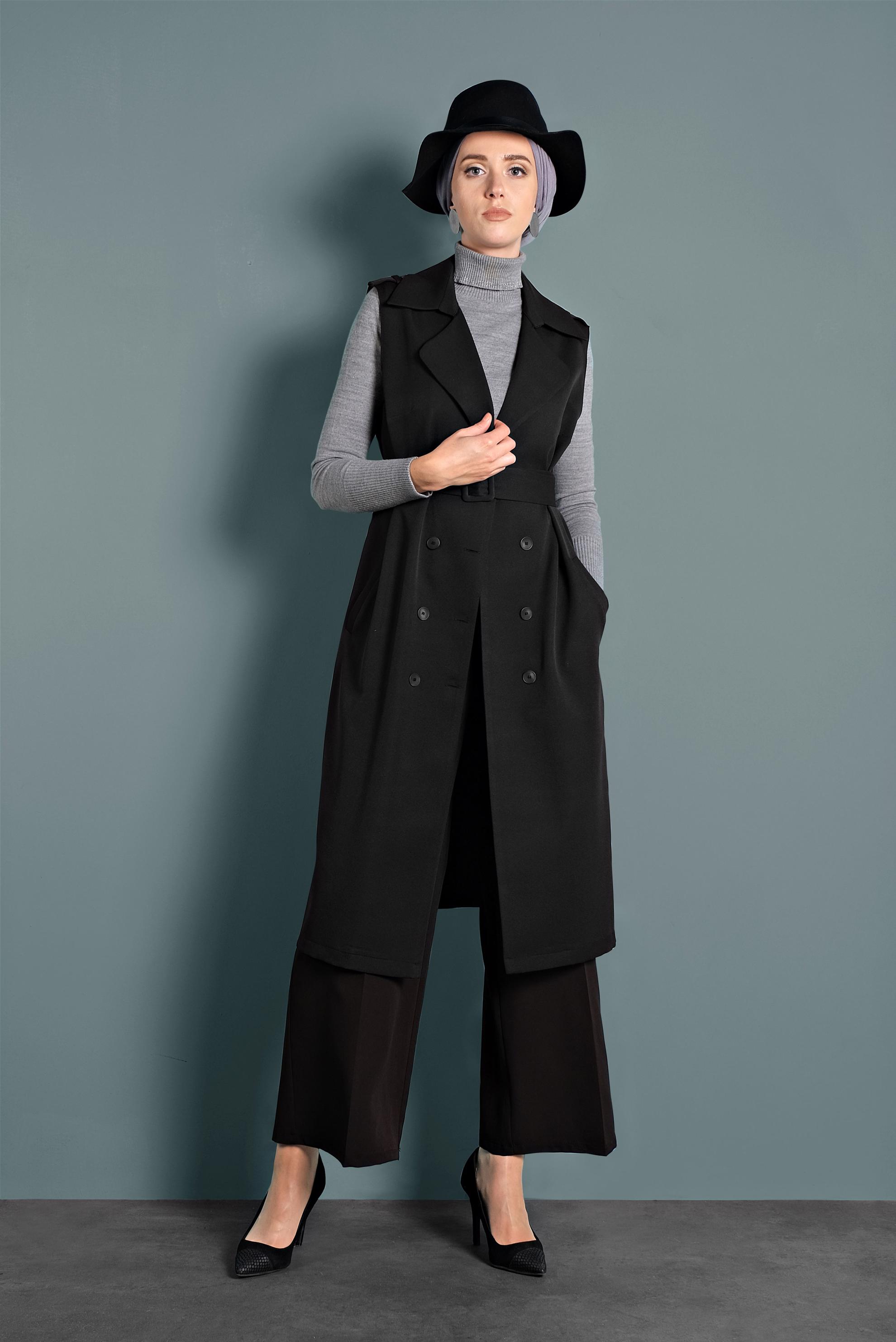 Tesettür giyim SİYAH KRUVAZE DÜĞMELİ YELEK 40245