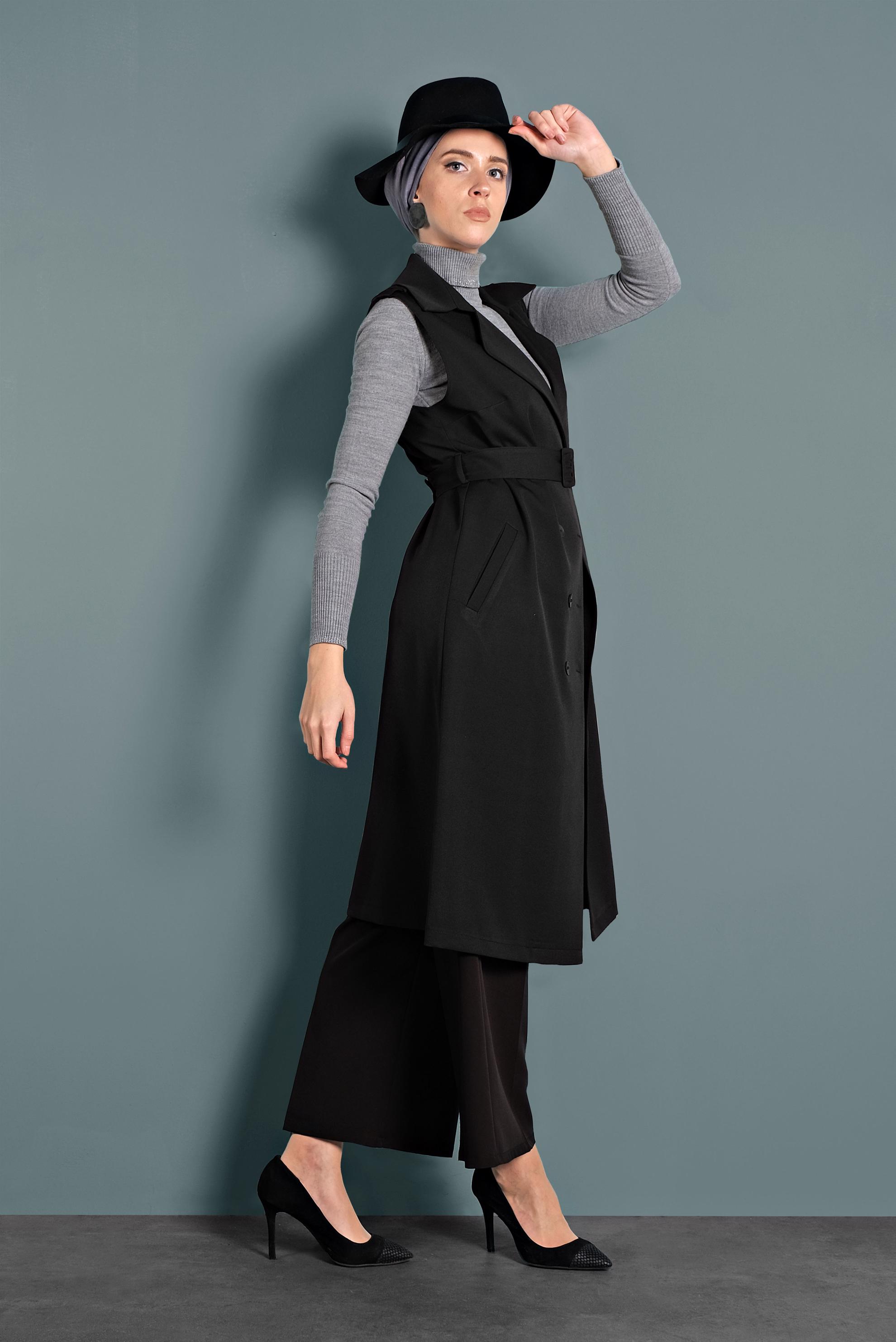 Tesettür giyim SİYAH KRUVAZE DÜĞMELİ YELEK 40245