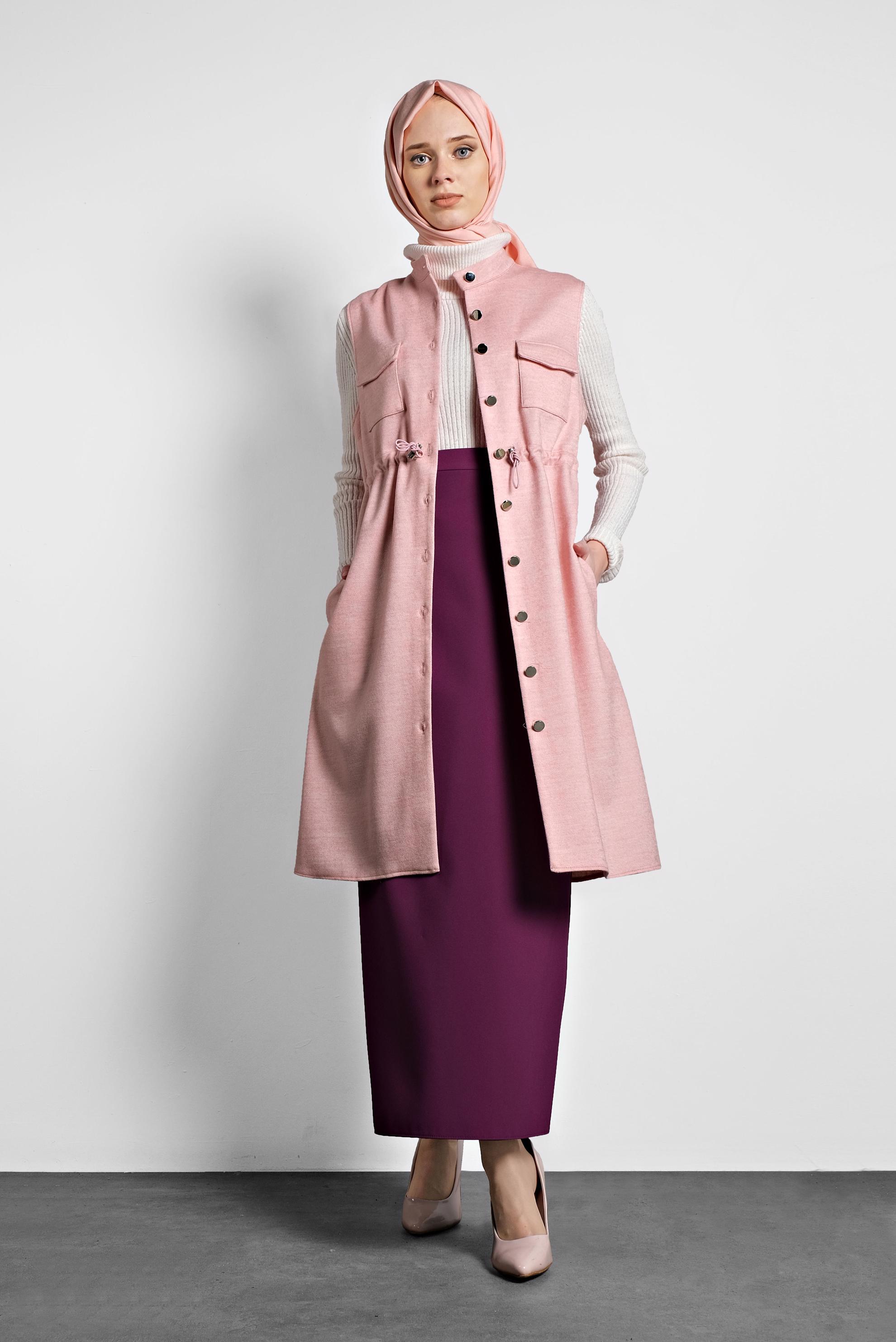 Tesettür giyim PUDRA BELİ BÜZGÜLÜ YELEK 40300