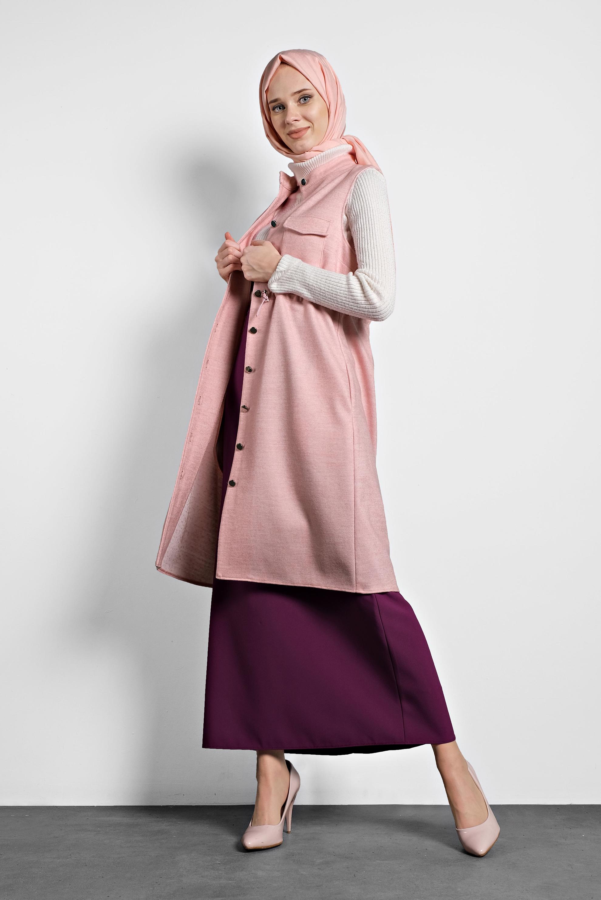 Tesettür giyim PUDRA BELİ BÜZGÜLÜ YELEK 40300