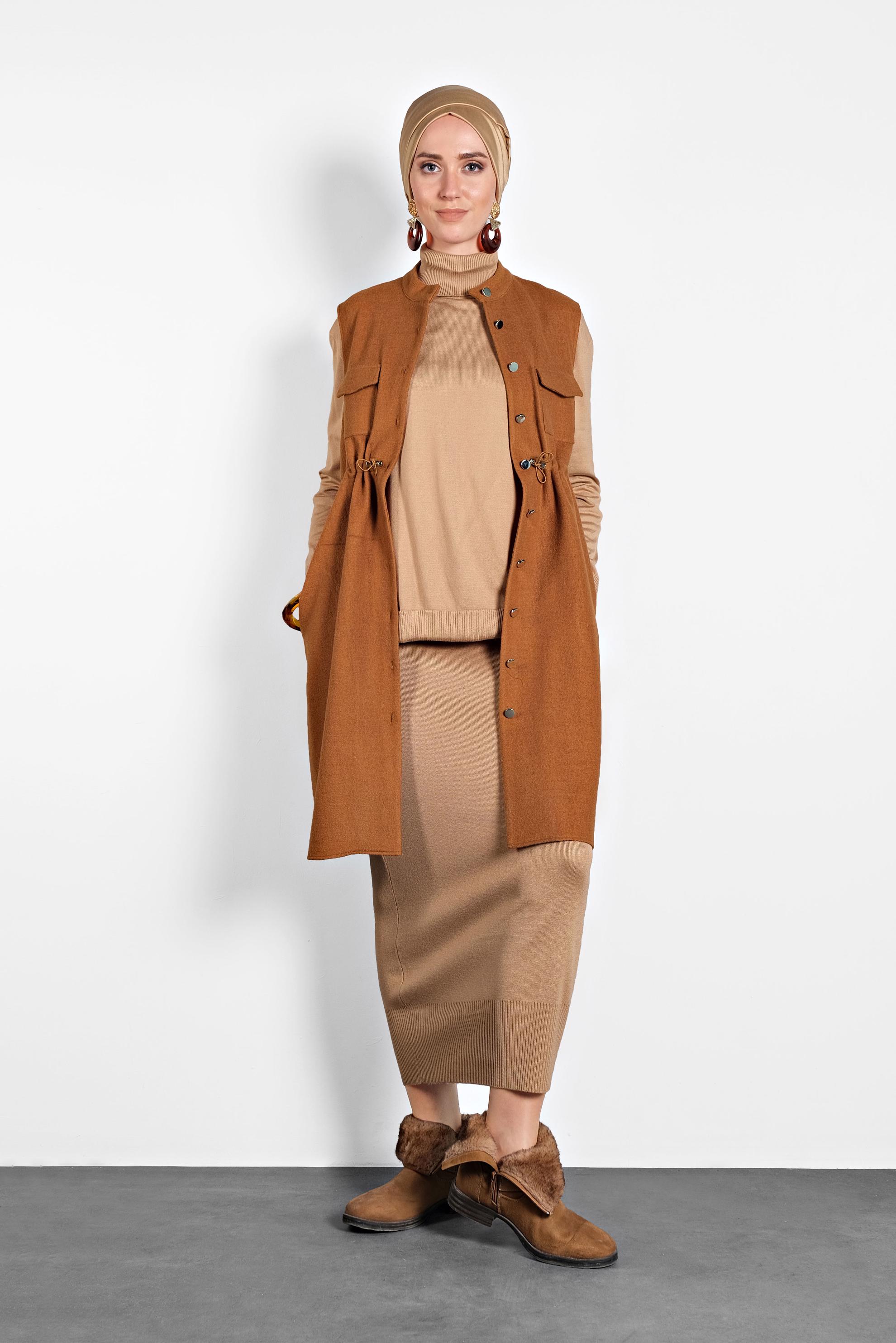 Tesettür giyim TABA BELİ BÜZGÜLÜ YELEK 40300