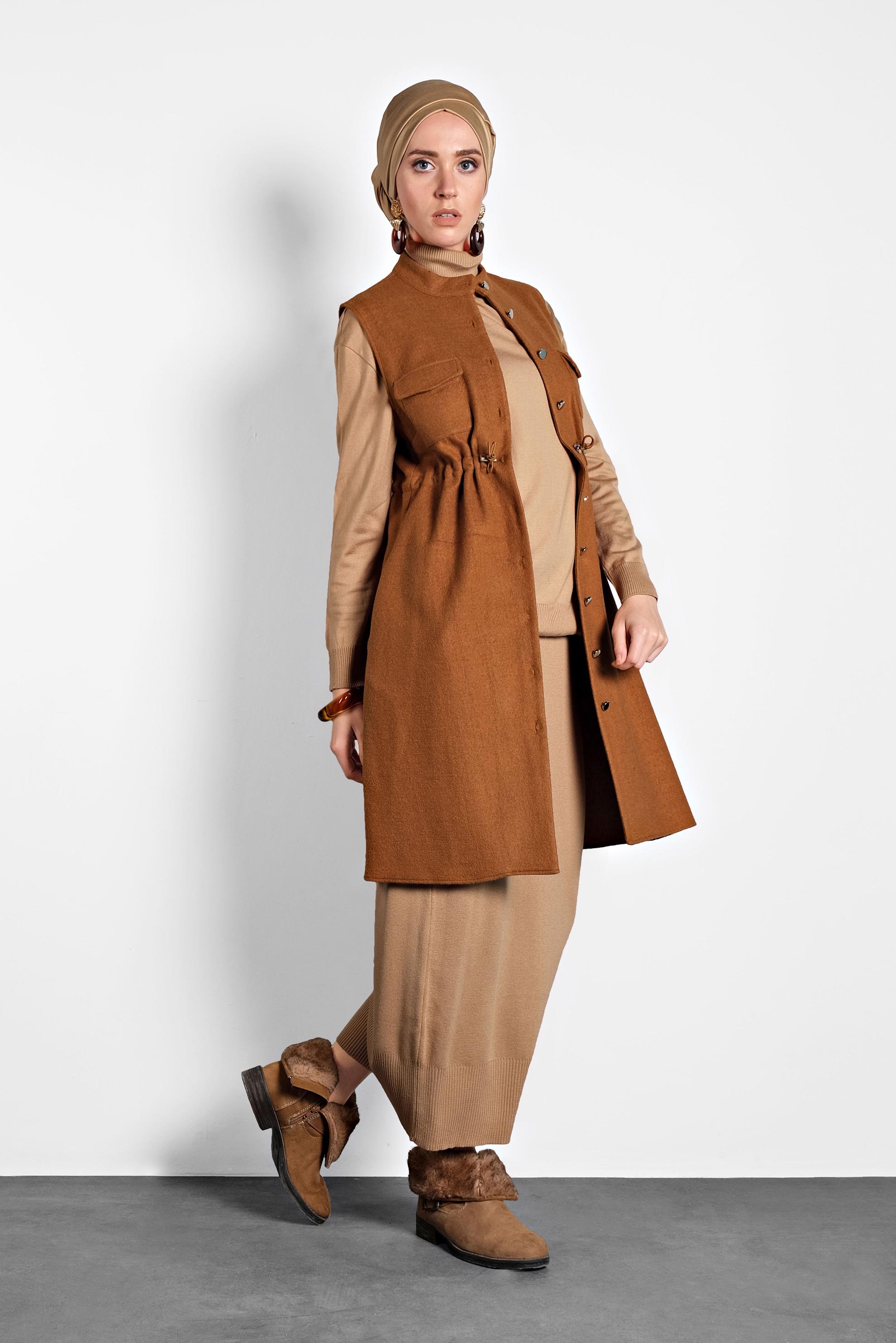 Tesettür giyim TABA BELİ BÜZGÜLÜ YELEK 40300