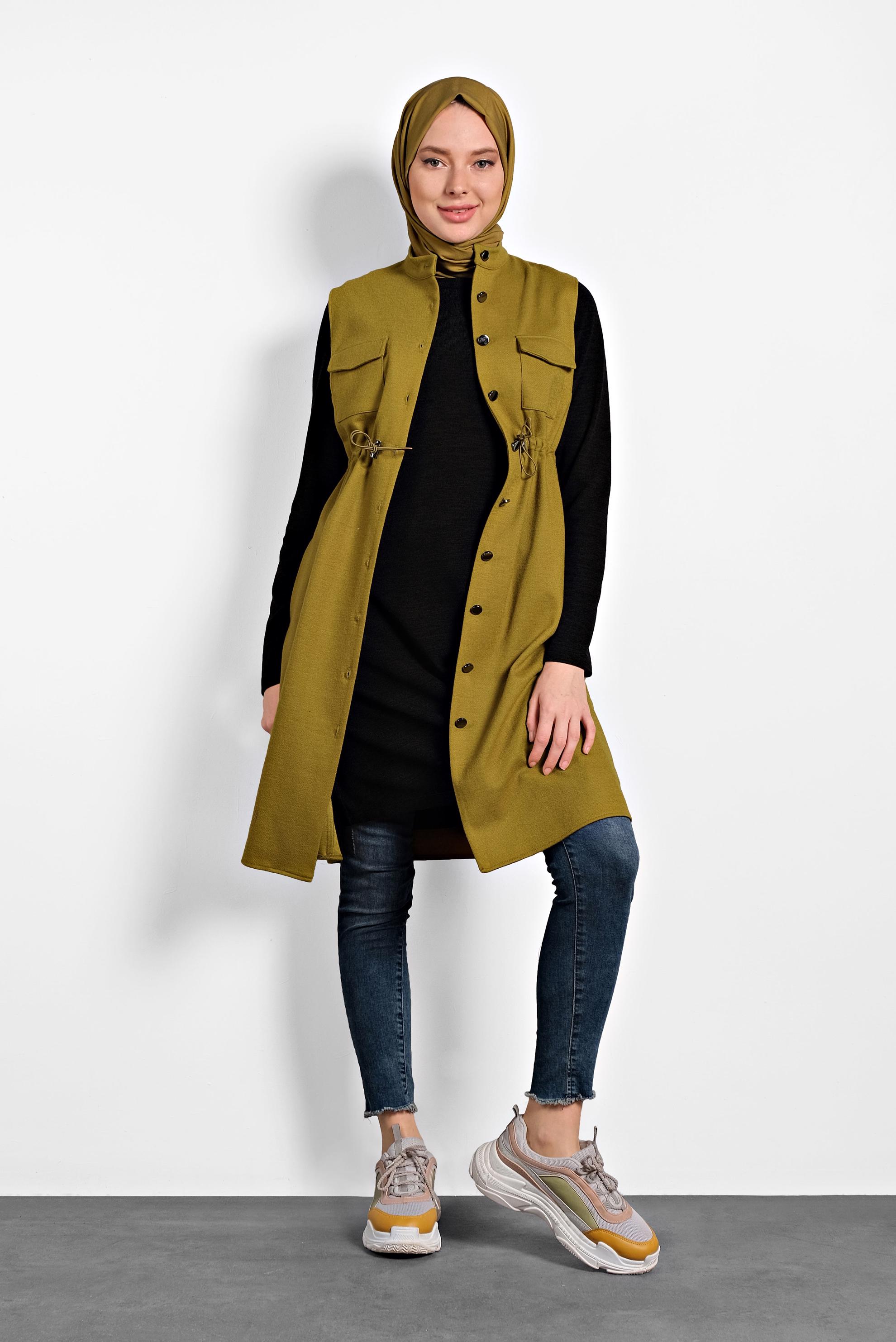 Tesettür giyim YEŞİL BELİ BÜZGÜLÜ YELEK 40300