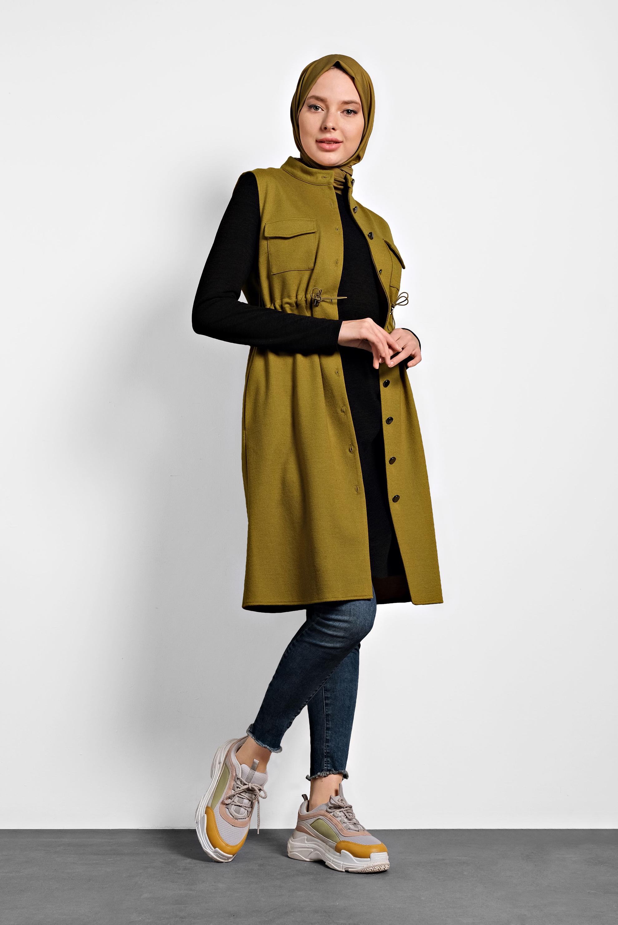 Tesettür giyim YEŞİL BELİ BÜZGÜLÜ YELEK 40300