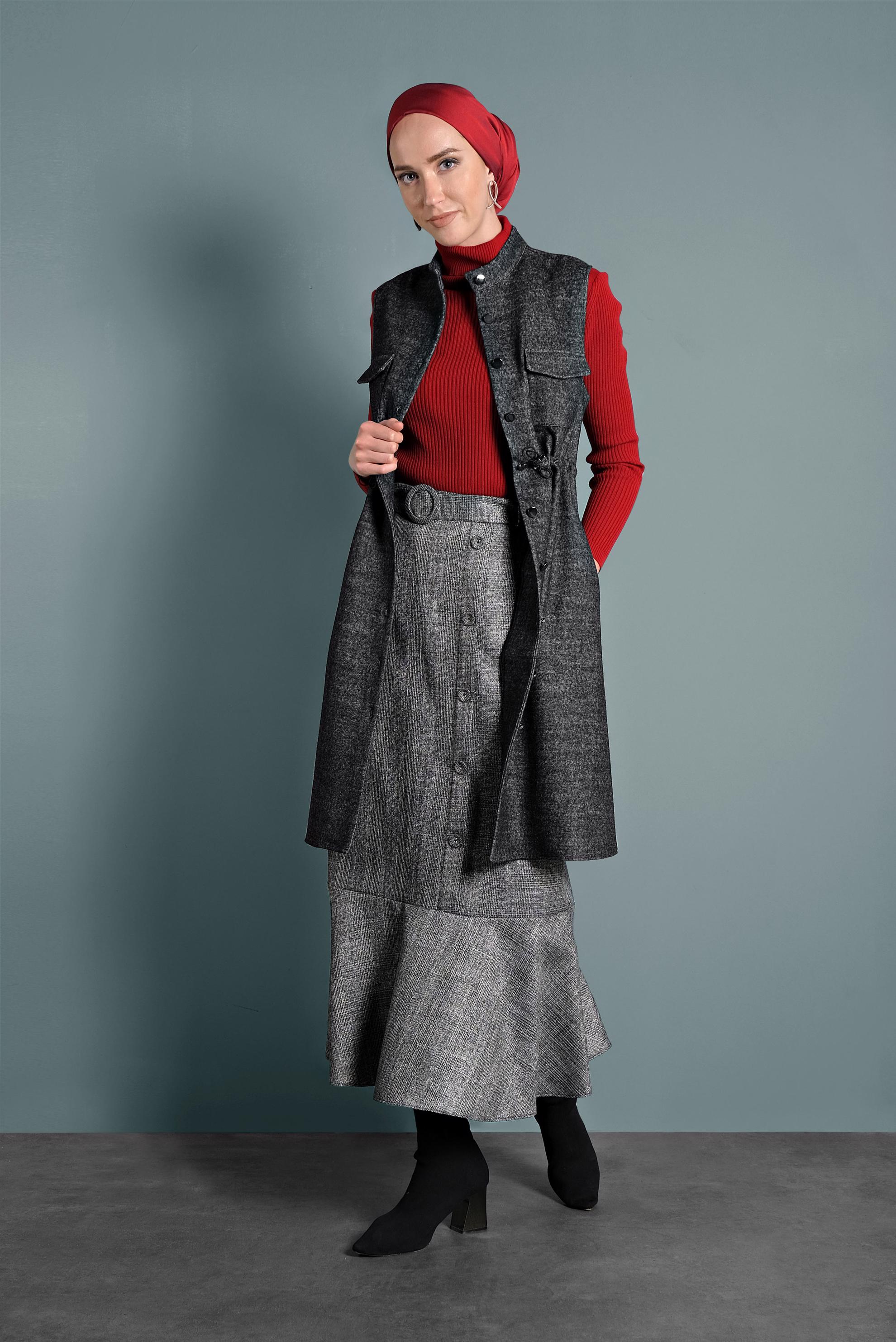 Tesettür giyim GRİ BELİ BÜZGÜLÜ YELEK 40300