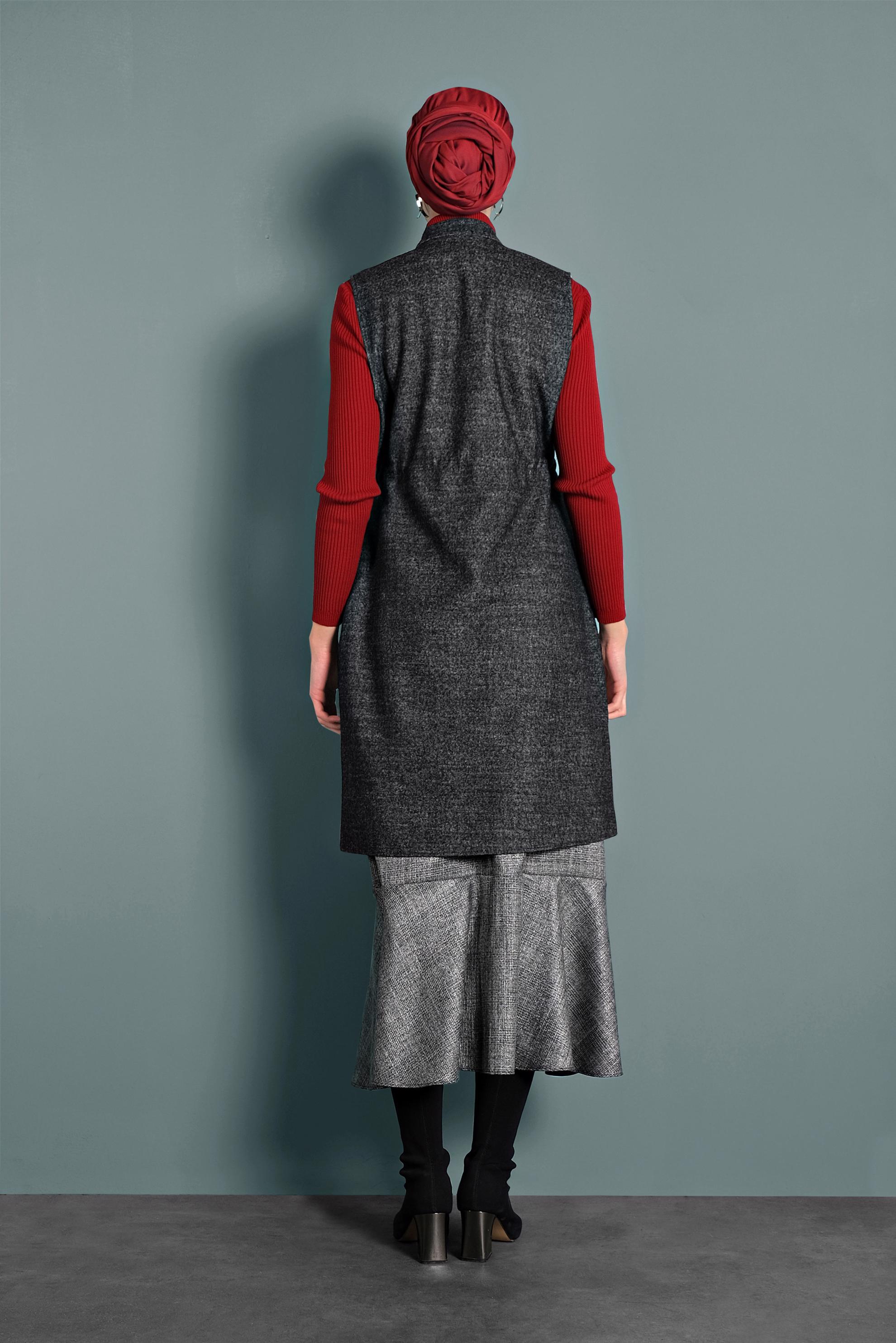 Tesettür giyim GRİ BELİ BÜZGÜLÜ YELEK 40300