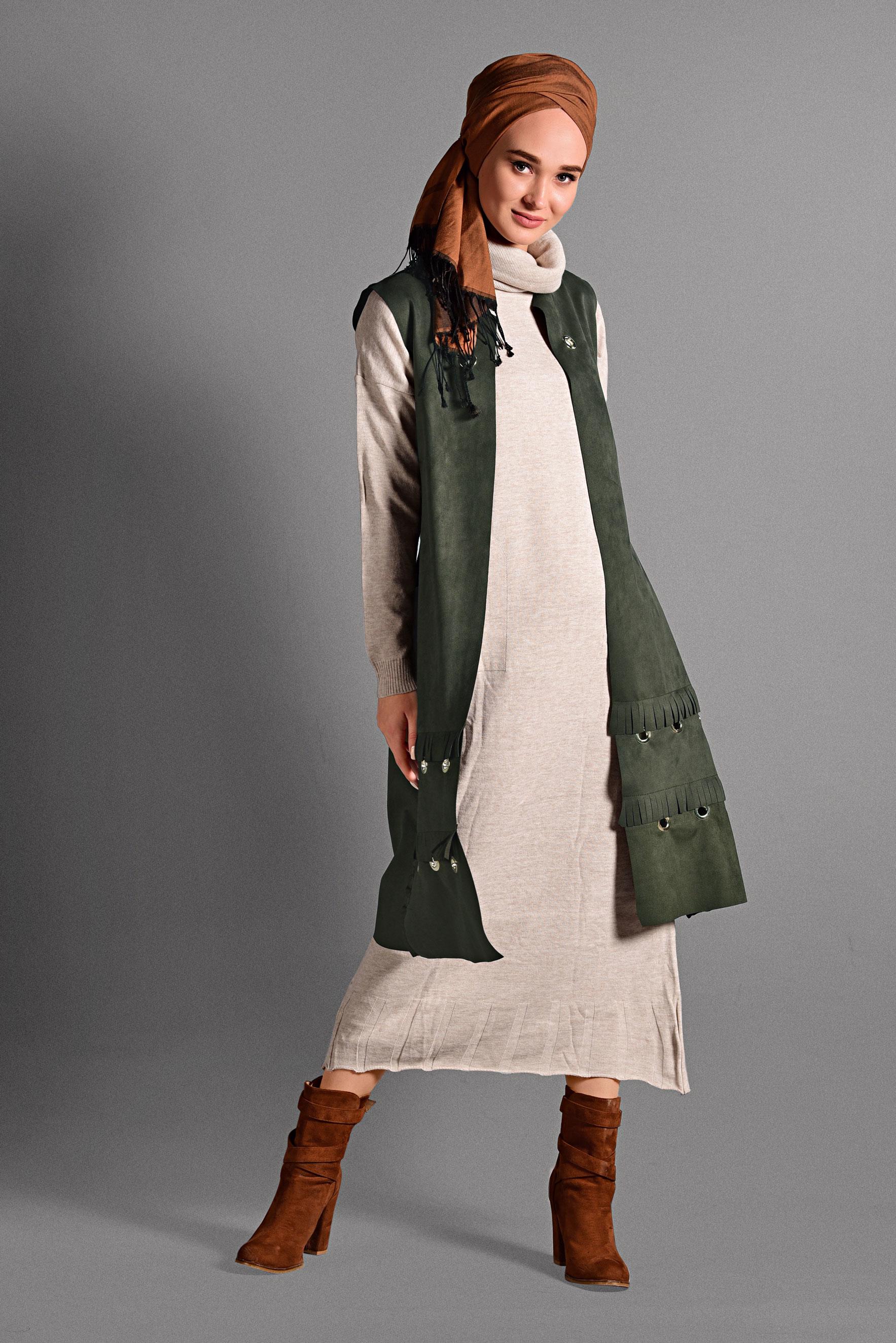 Hijab clothing KHAKI GROMMET DETAILED SUEDE VEST 4035 