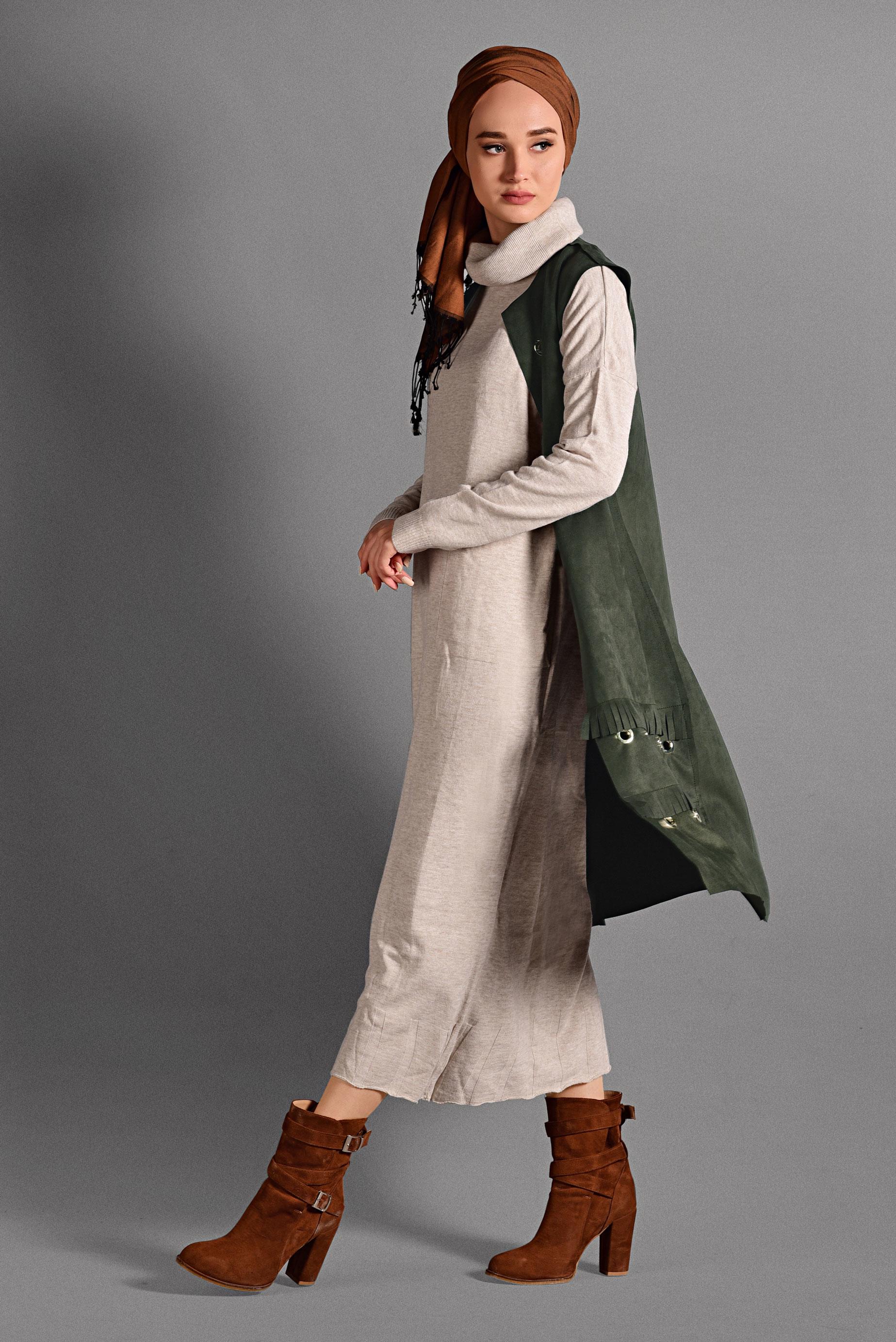 Hijab clothing KHAKI GROMMET DETAILED SUEDE VEST 4035 