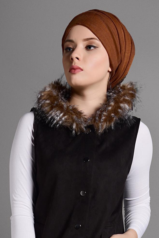Vêtements hijab NOIR GILET À COL EN FOURRURE 4036 - ALVİNA