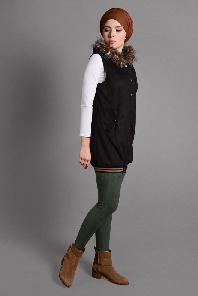 Vêtements hijab NOIR GILET À COL EN FOURRURE 4036 - ALVİNA