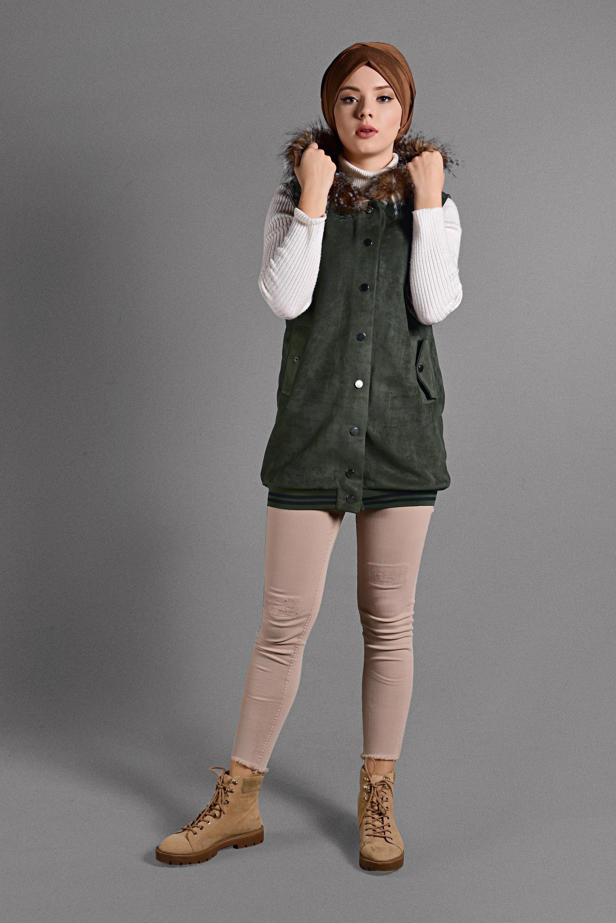 Hijab clothing KHAKI FAUX-FUR COLLAR VEST 4036