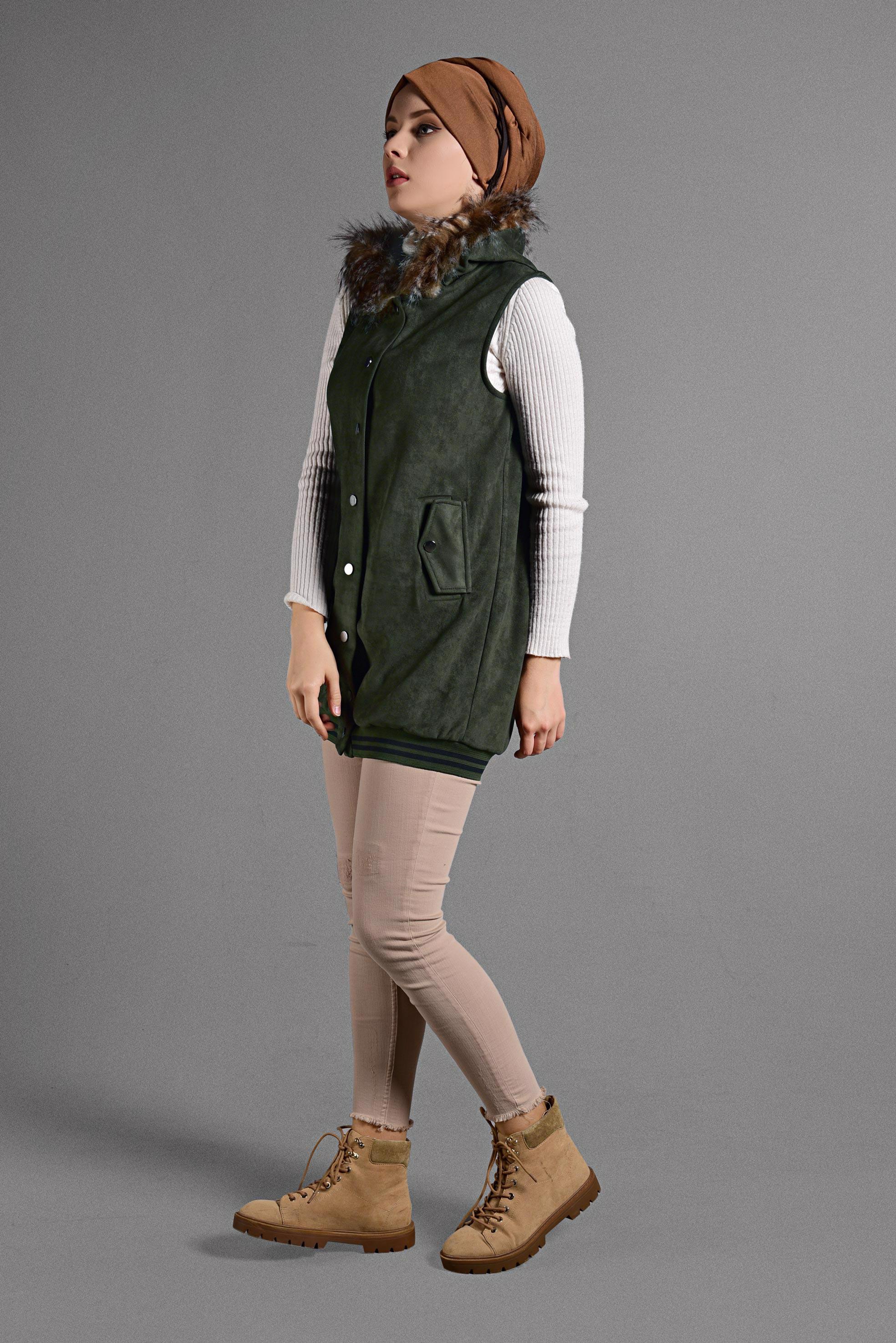 Hijab clothing KHAKI FAUX-FUR COLLAR VEST 4036