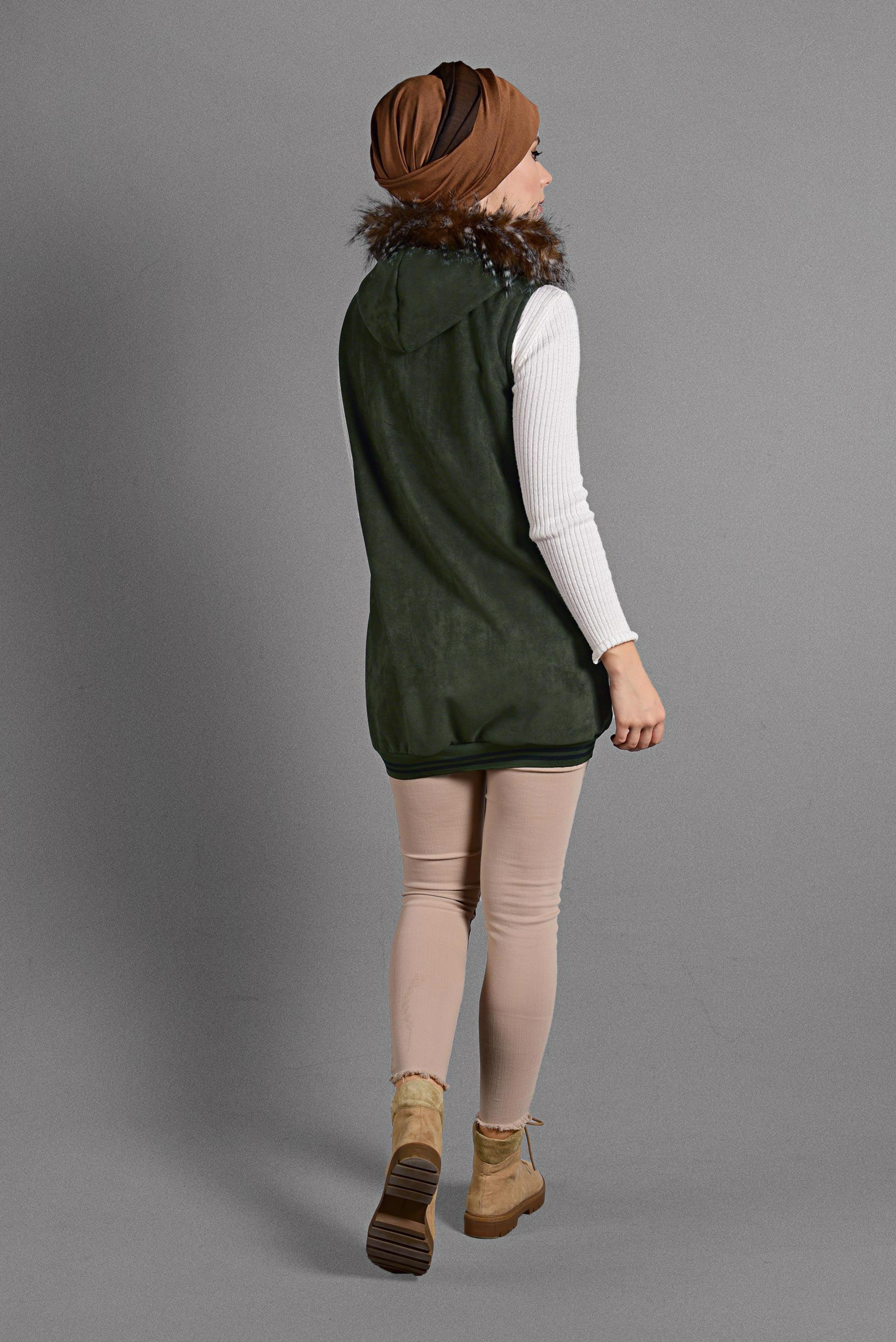 Hijab clothing KHAKI FAUX-FUR COLLAR VEST 4036