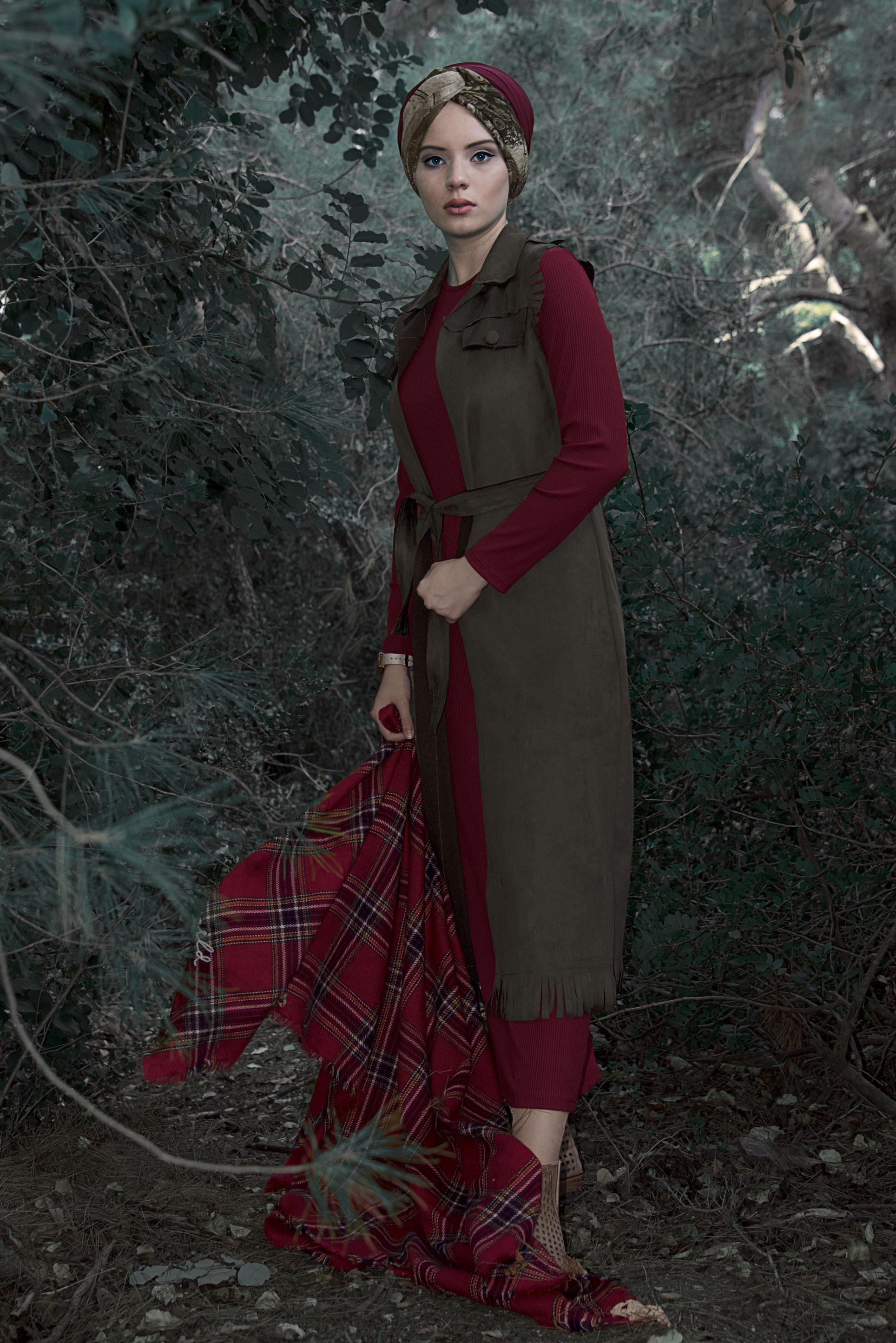 Hijab clothing KHAKI BELTED SUEDE VEST 4038 