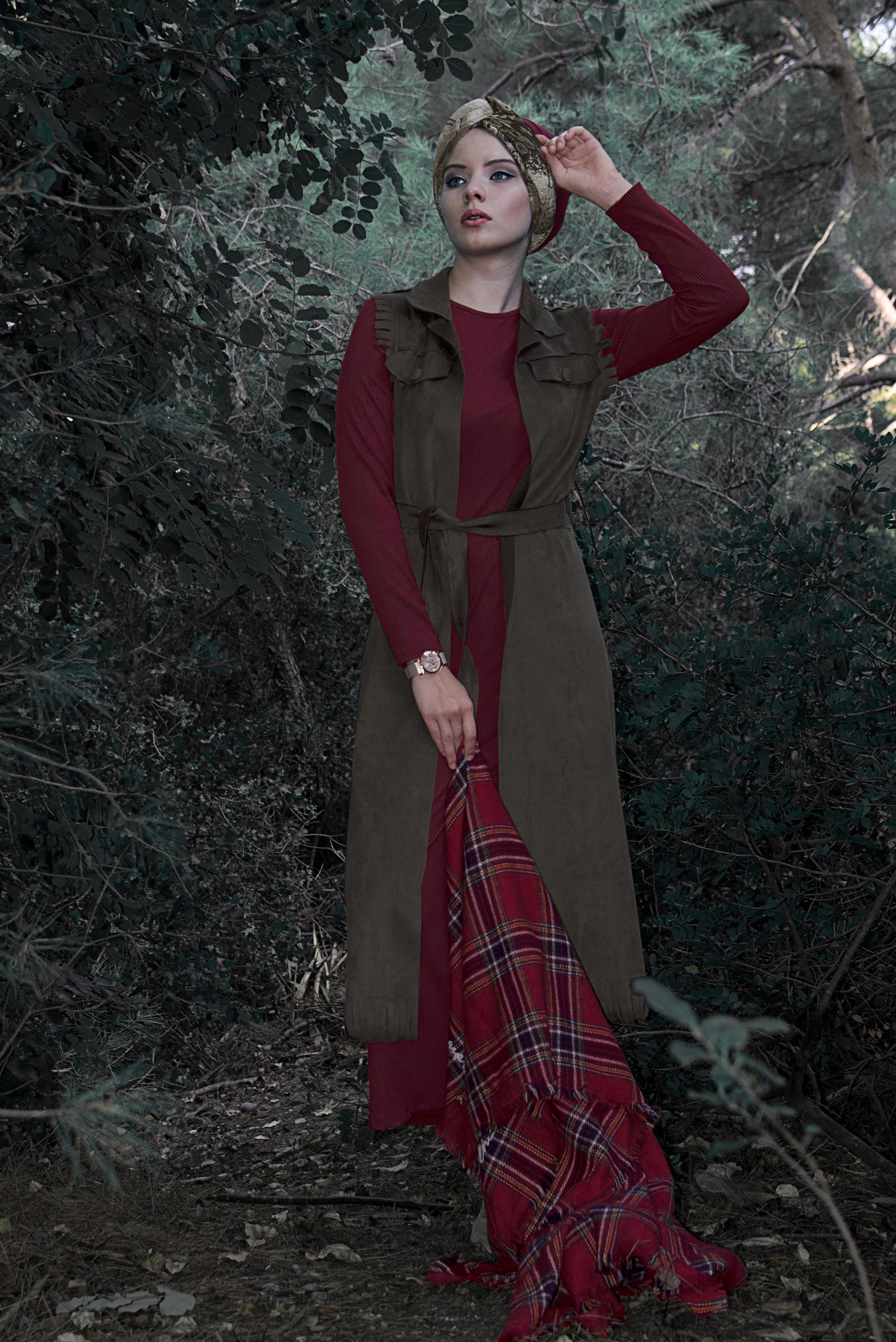 Hijab clothing KHAKI BELTED SUEDE VEST 4038 