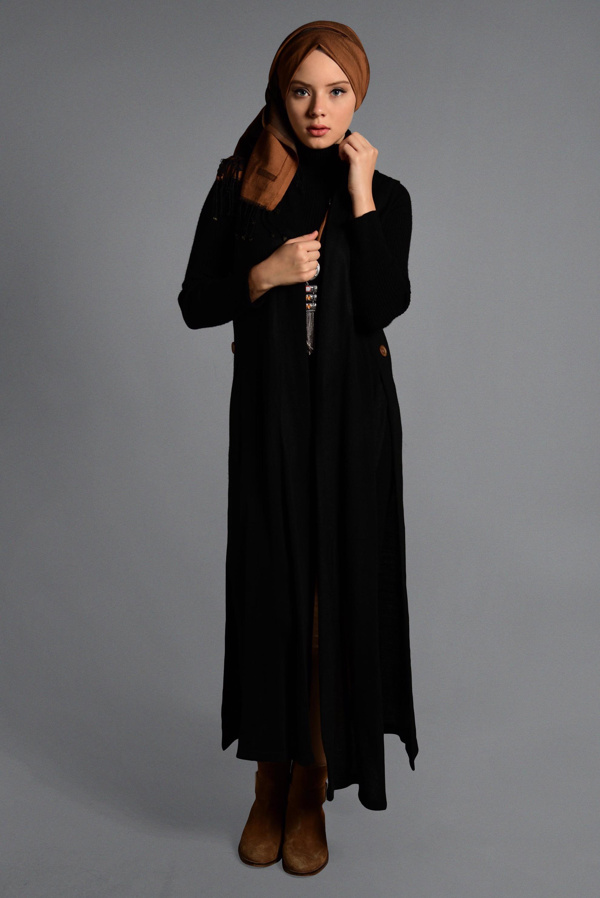 Tesettür giyim SİYAH YIRTMAÇ DETAYLI TRİKO YELEK 4070