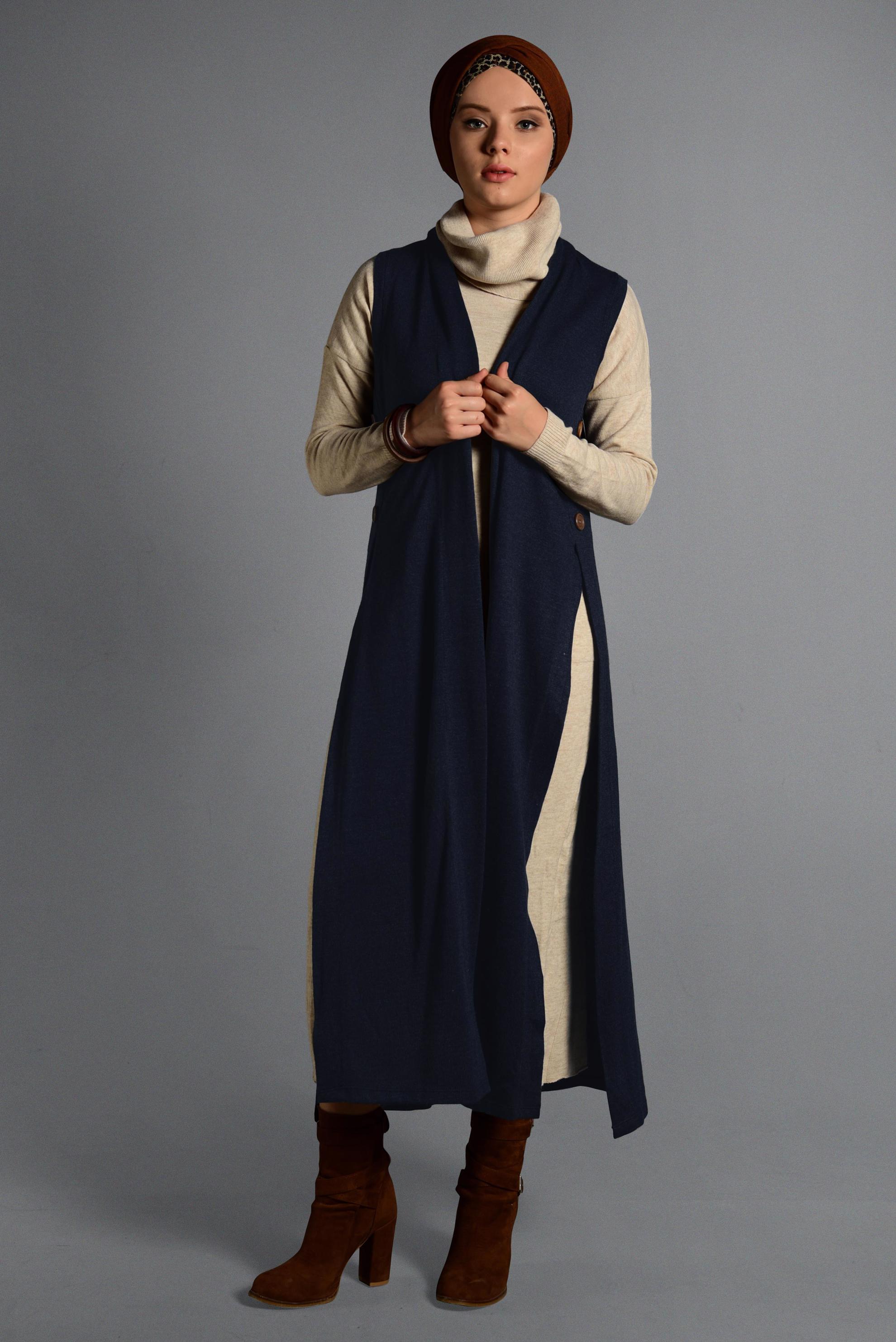 Tesettür giyim LACİVERT YIRTMAÇ DETAYLI TRİKO YELEK 4070