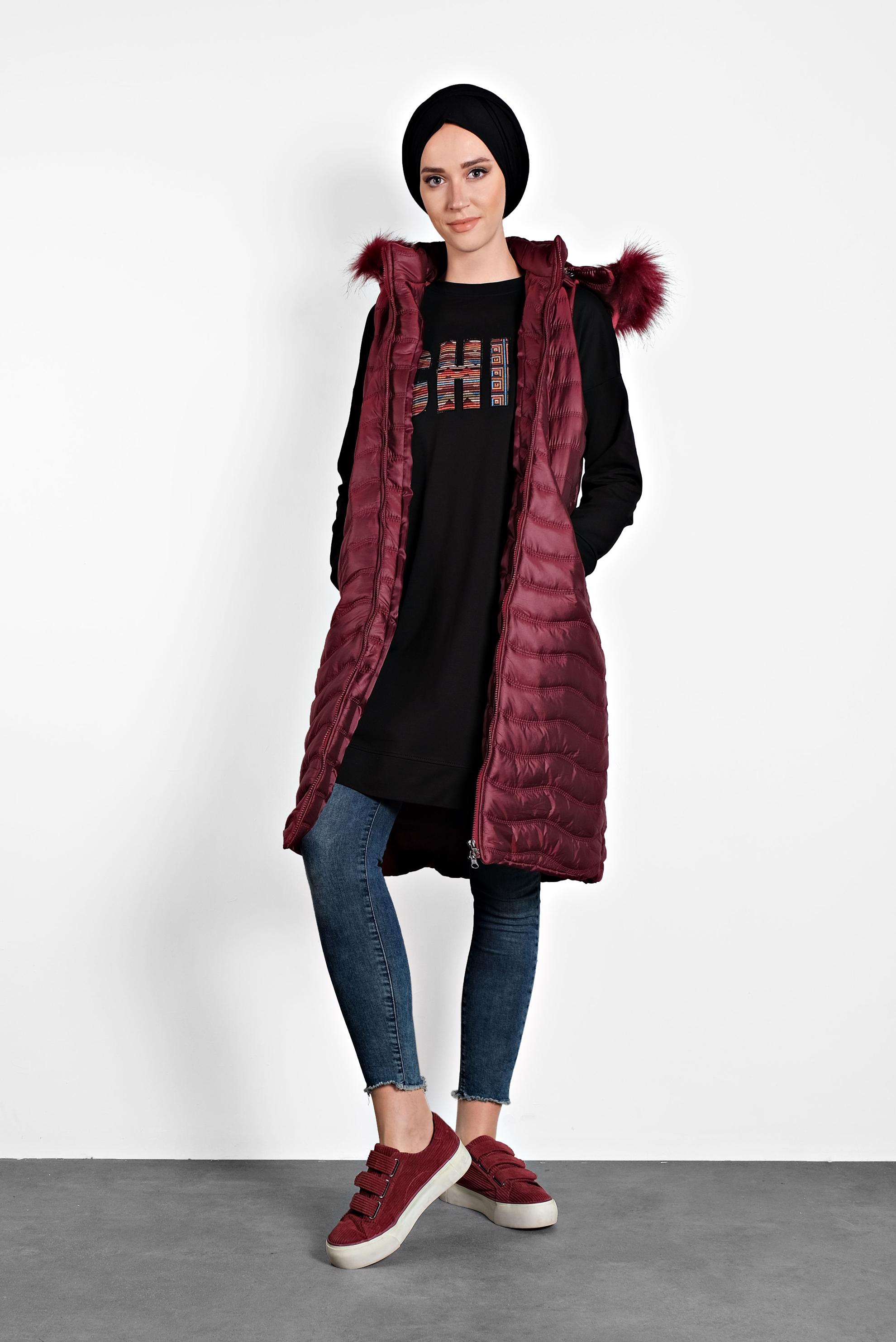 Tesettür giyim BORDO KÜRKLÜ KAPÜŞONLU ŞİŞME YELEK 90097