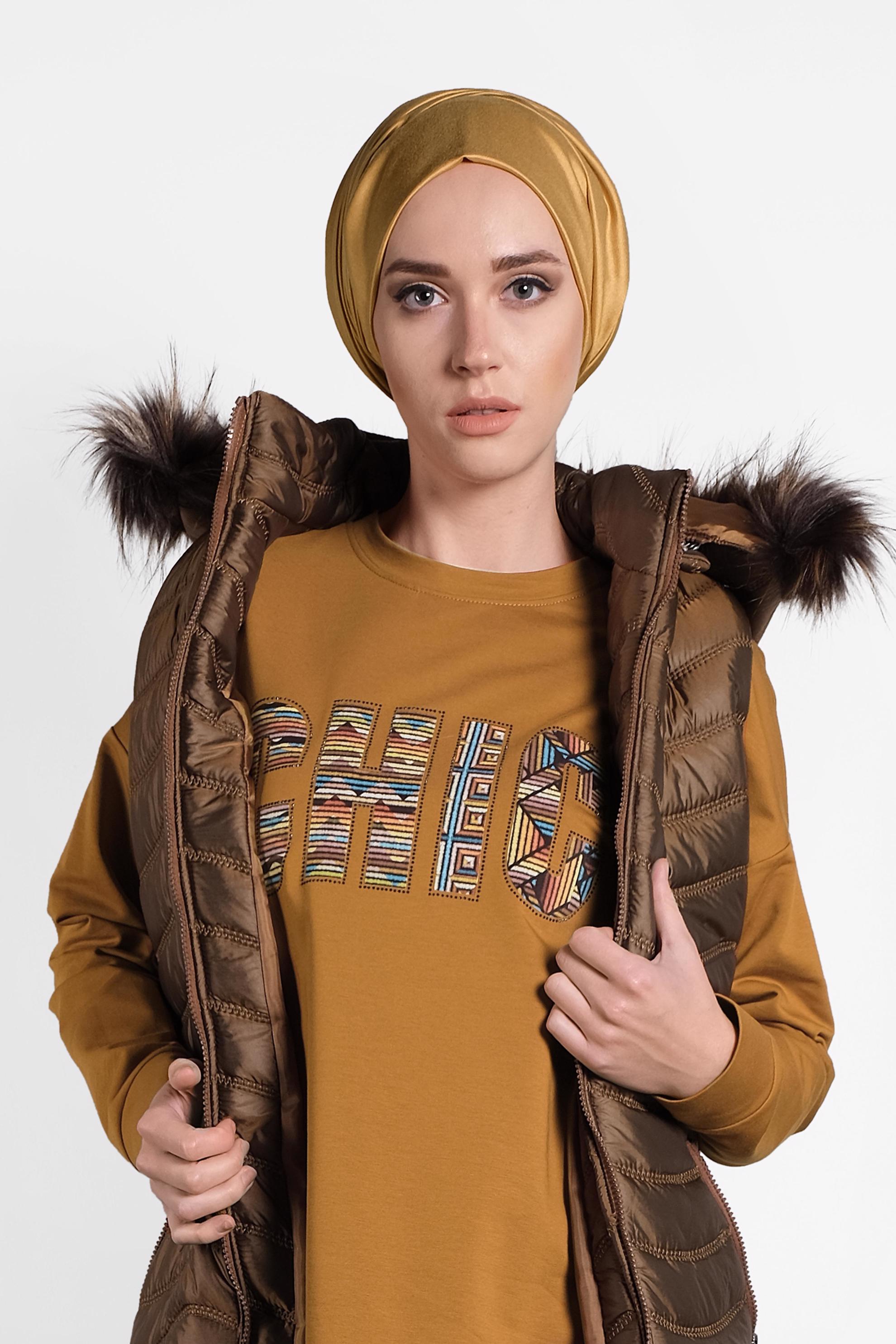 Tesettür giyim TABA KÜRKLÜ KAPÜŞONLU ŞİŞME YELEK 90097