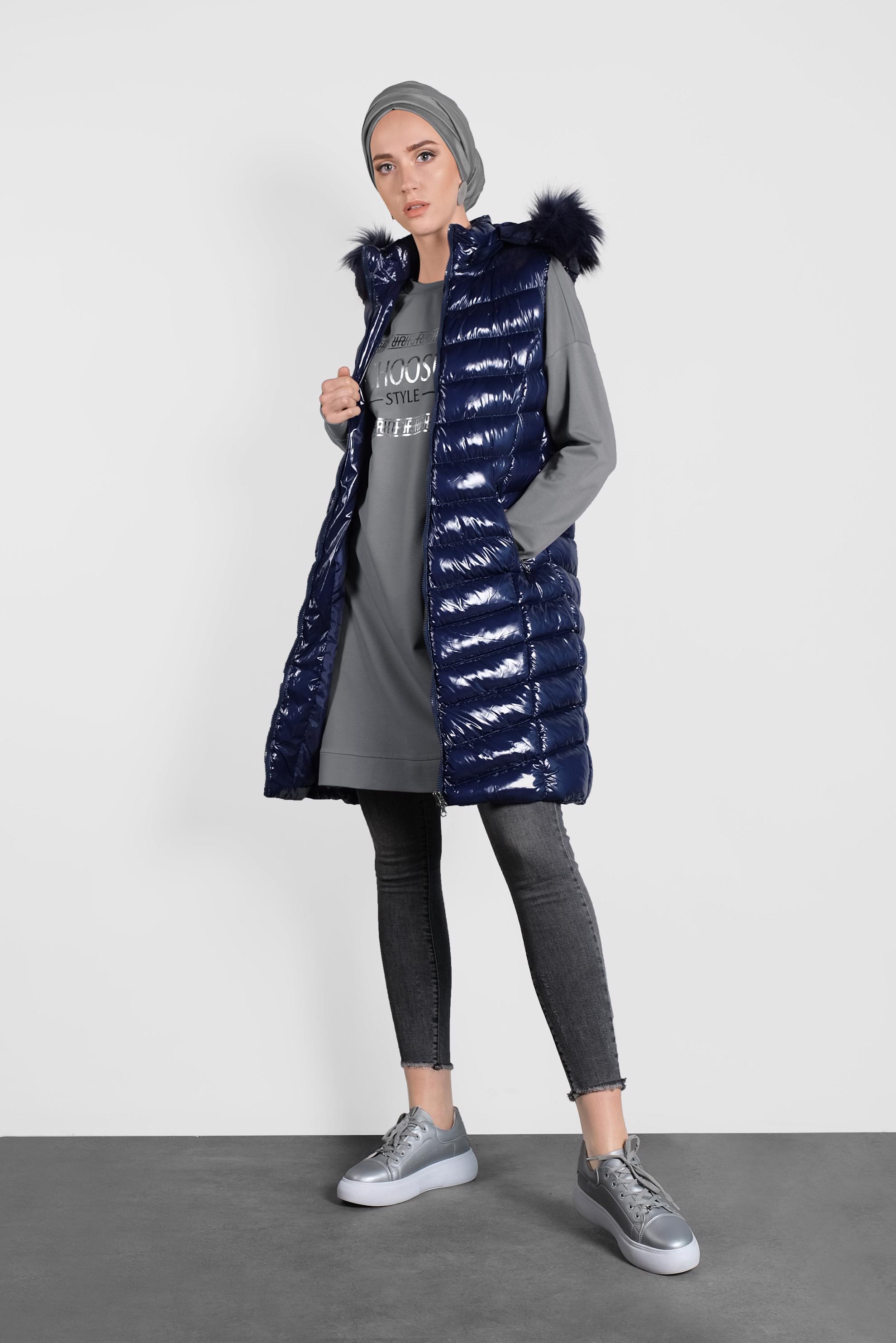 Vêtements hijab BLEU MARINE DOUDOUNE À CAPUCHE EN EFFET FOURRURE 90098