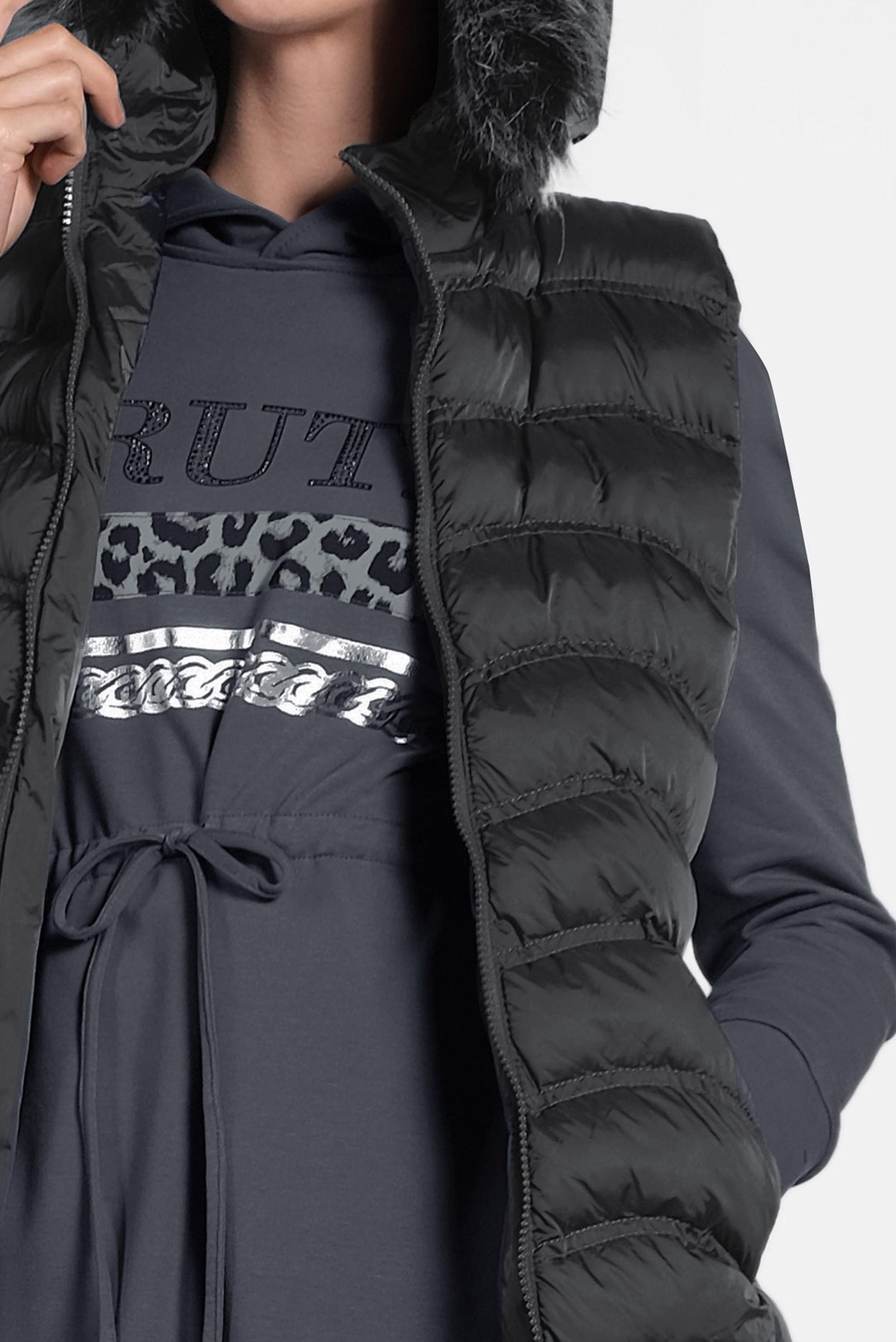 Tesettür giyim GRİ KÜRKLÜ KAPÜŞONLU ŞİŞME YELEK 90099