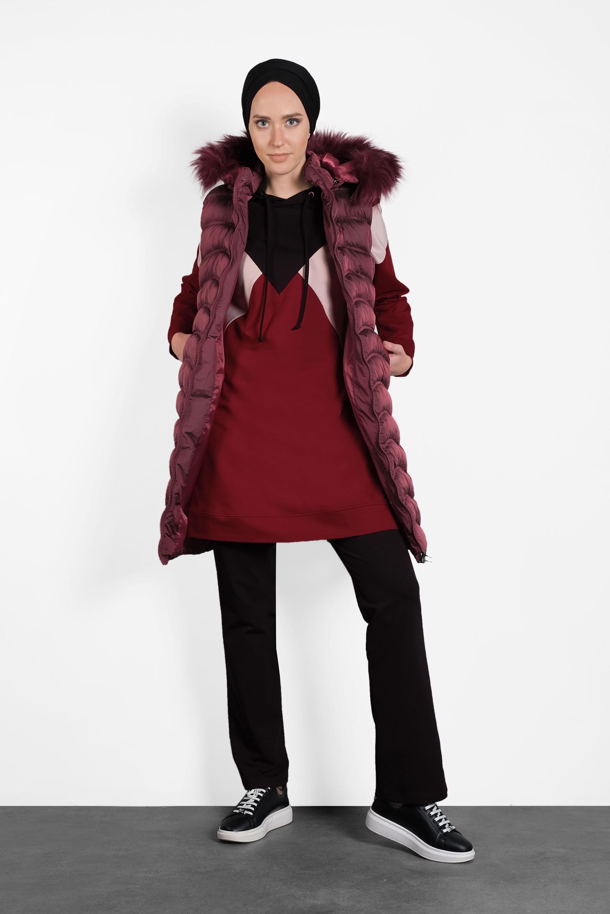 Tesettür giyim BORDO KÜRKLÜ KAPÜŞONLU ŞİŞME YELEK 90099