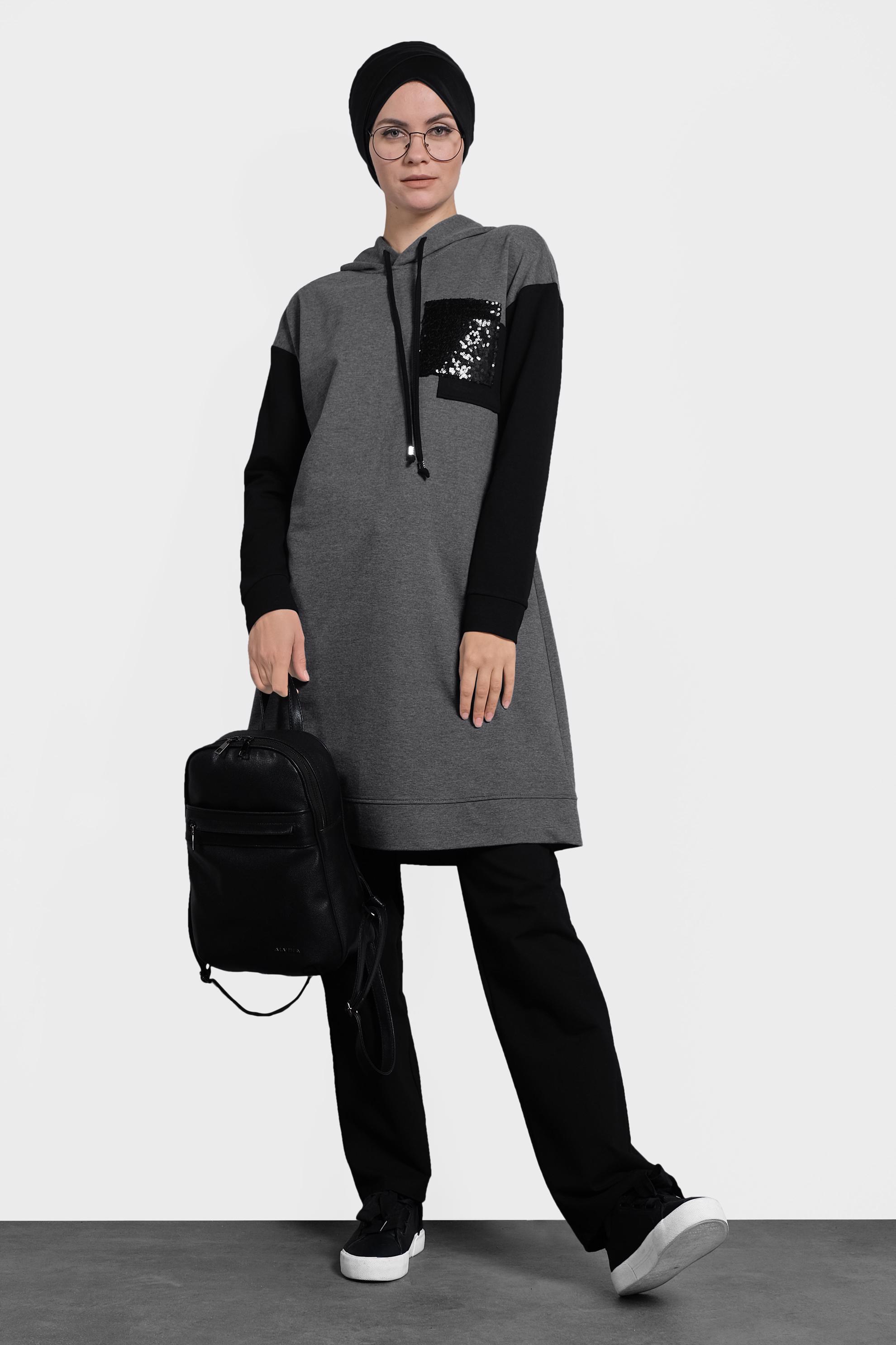 Tesettür giyim GRİ KAPÜŞONLU EŞOFMAN TAKIMI 40101
