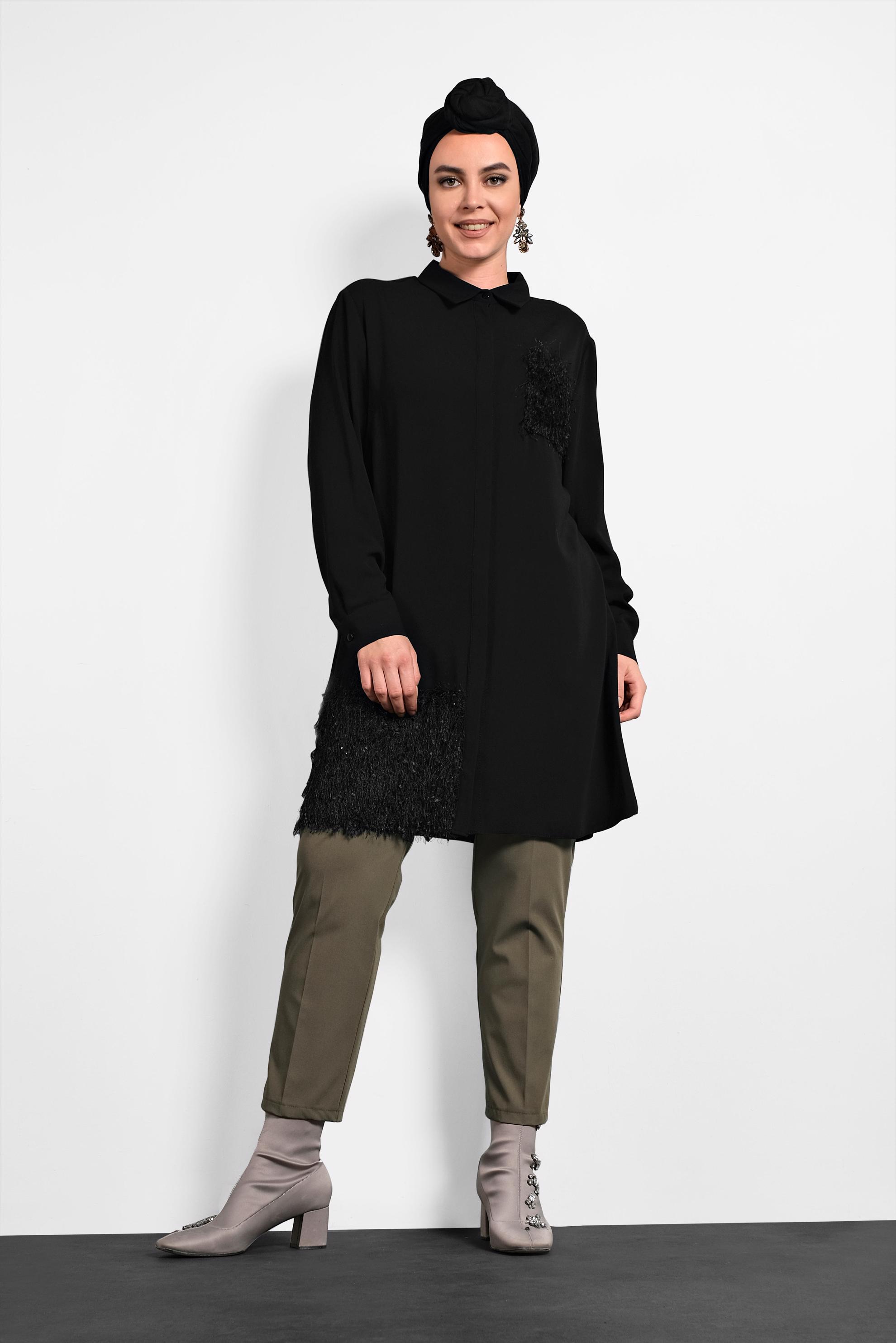 Tesettür giyim SİYAH PULLU ŞİFON TUNİK 20003 