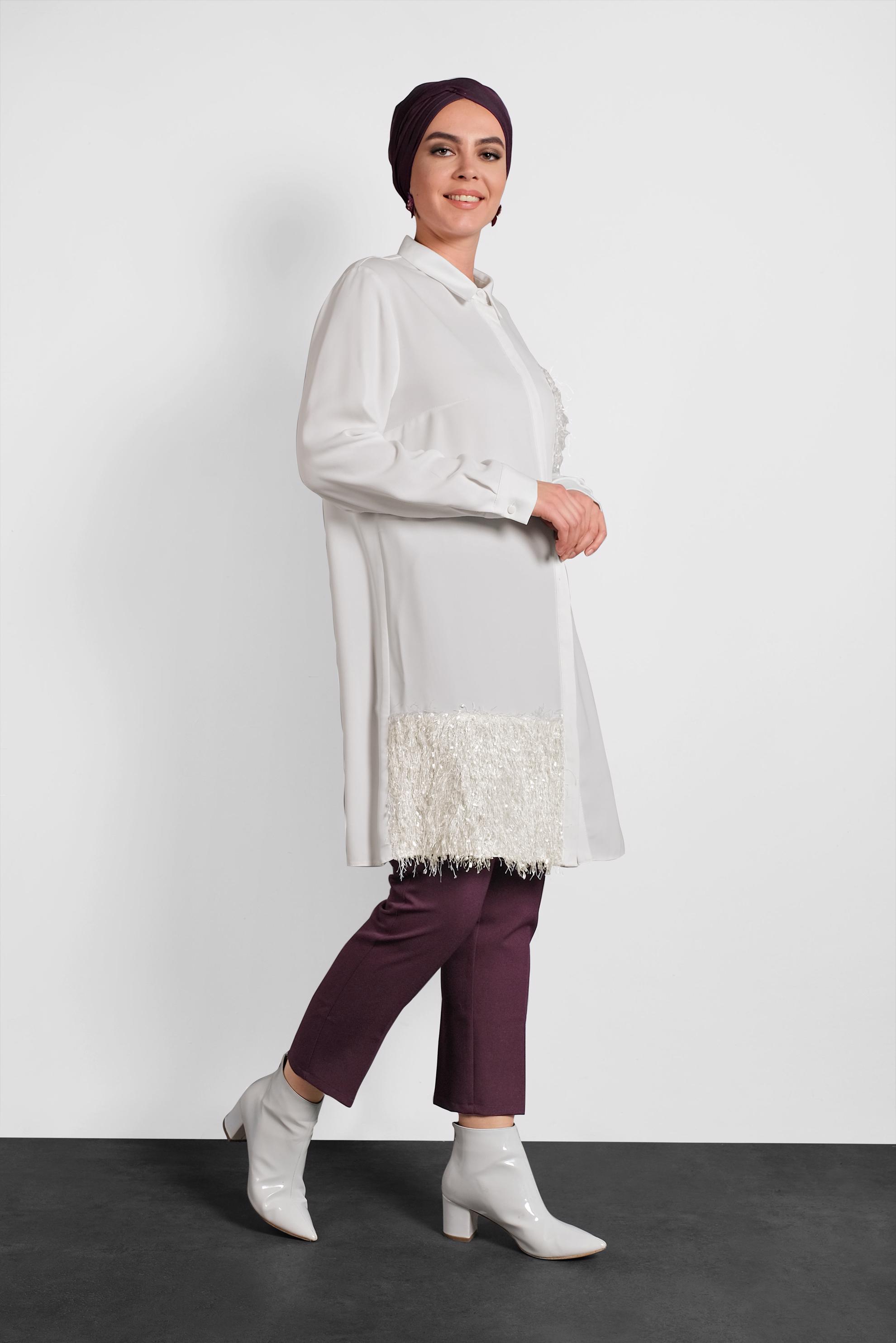 Tesettür giyim BEYAZ PULLU ŞİFON TUNİK 20003 