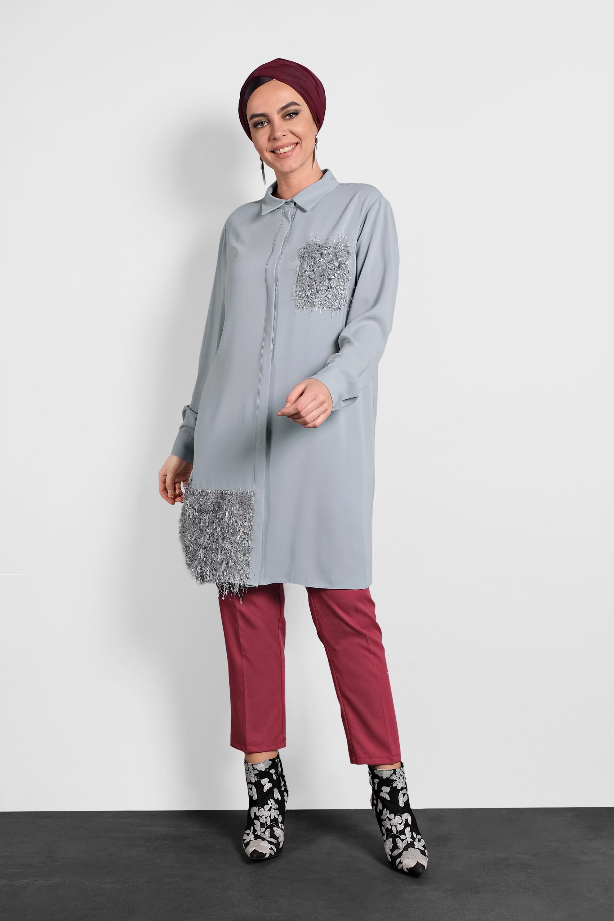 Tesettür giyim GRİ PULLU ŞİFON TUNİK 20003 