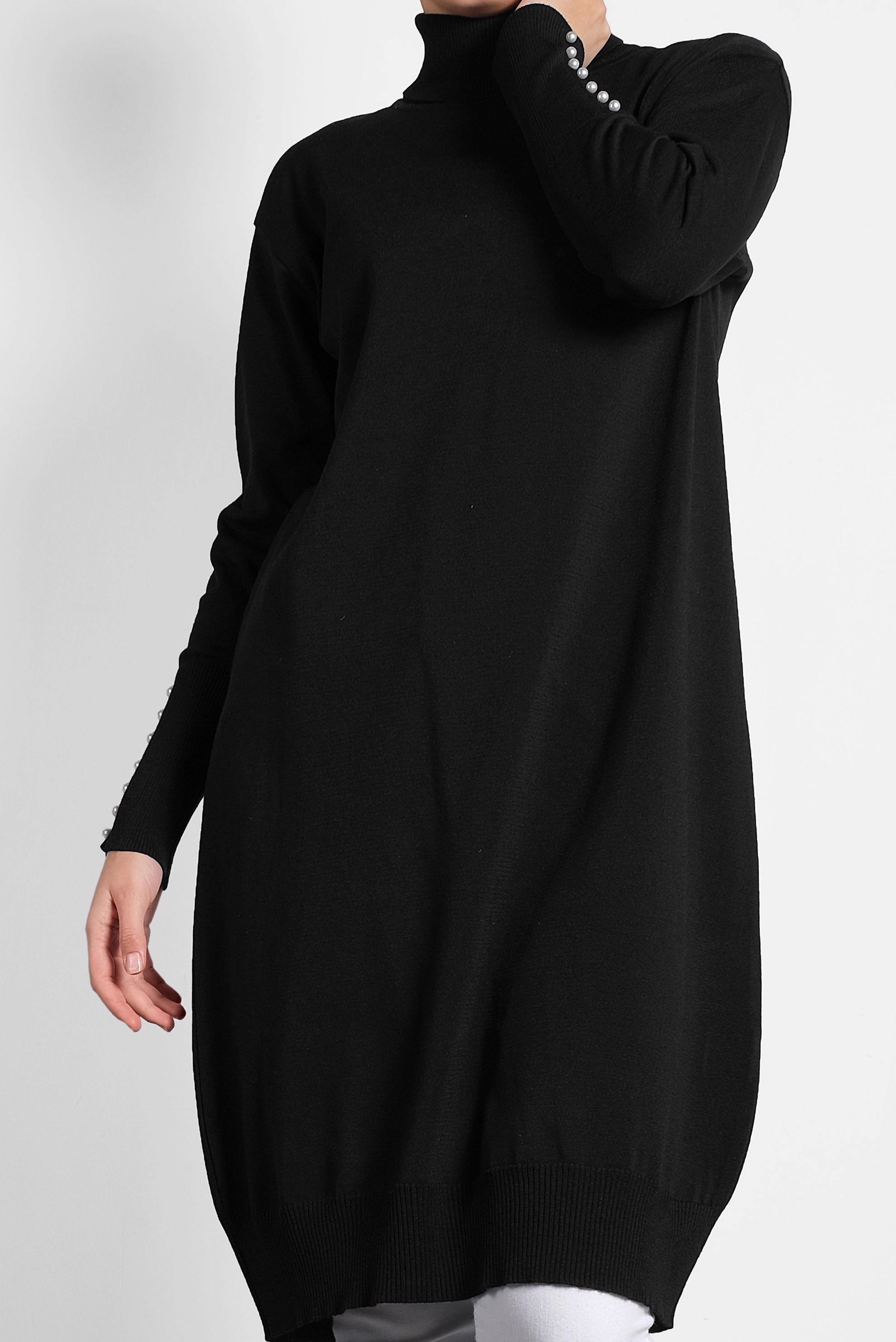 Tesettür giyim SİYAH BALIKÇI YAKA KOLLARI İNCİ DETAYLI TRİKO TUNİK 40023 