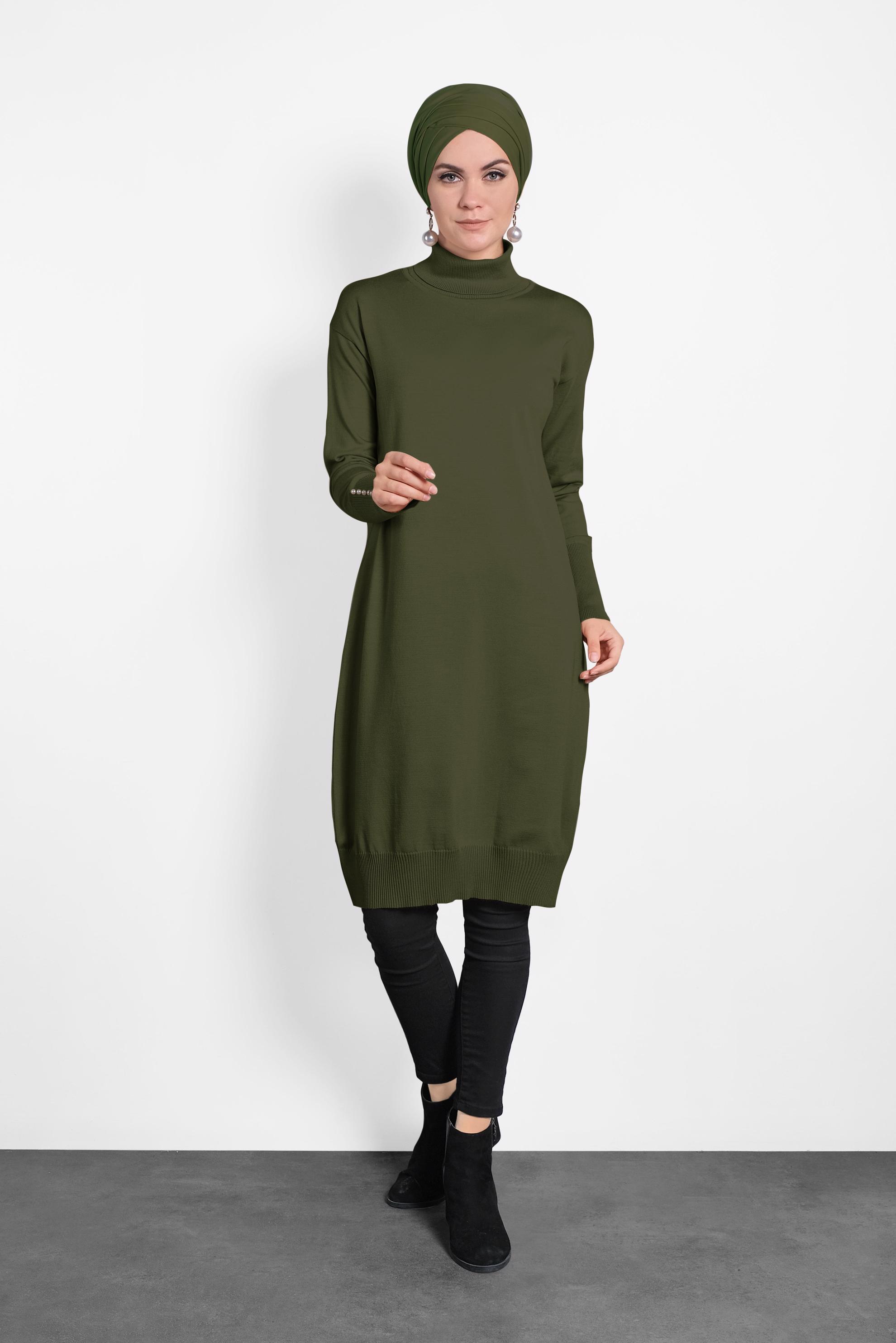 Tesettür giyim HAKİ BALIKÇI YAKA KOLLARI İNCİ DETAYLI TRİKO TUNİK 40023 