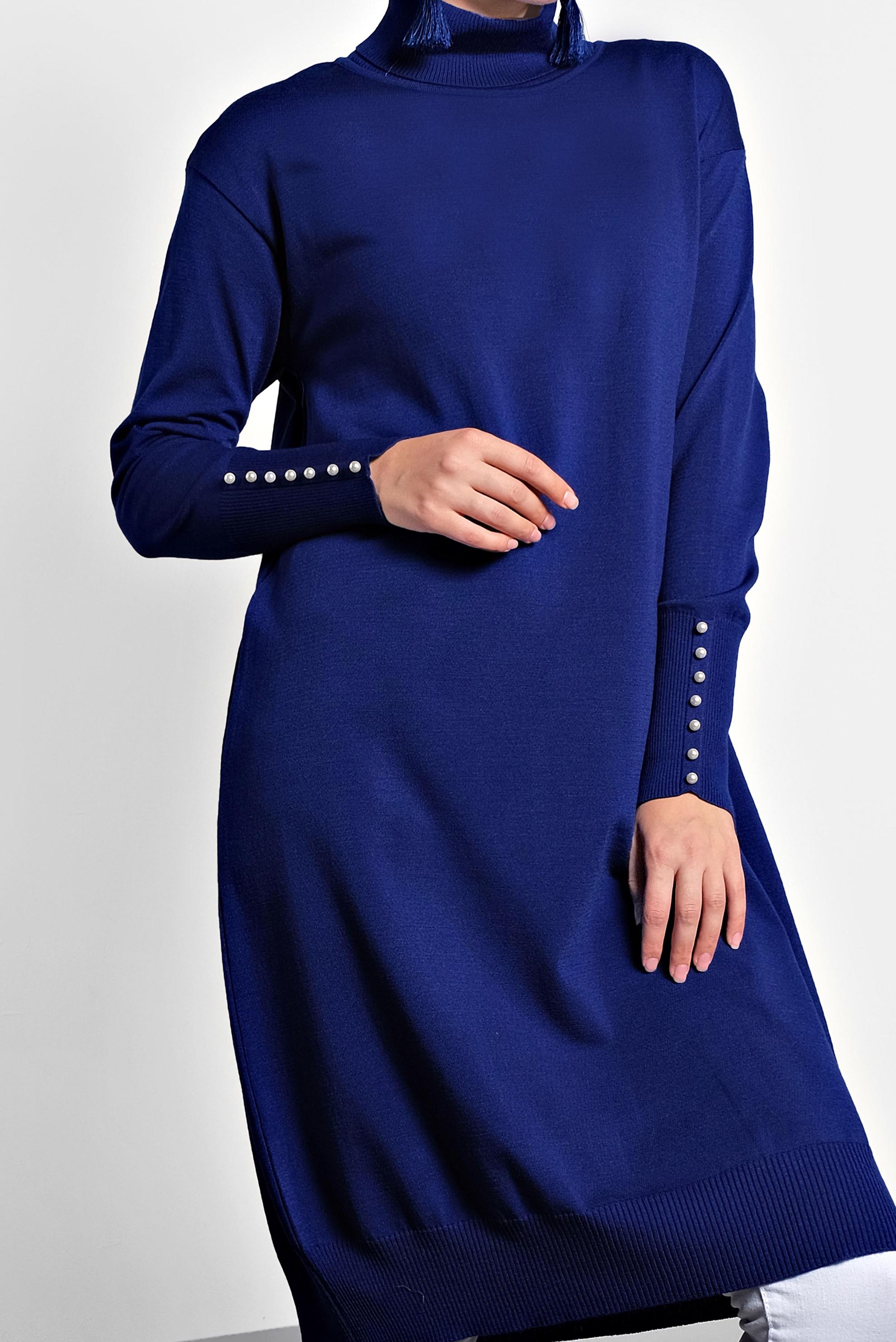 Tesettür giyim LACİVERT BALIKÇI YAKA KOLLARI İNCİ DETAYLI TRİKO TUNİK 40023 