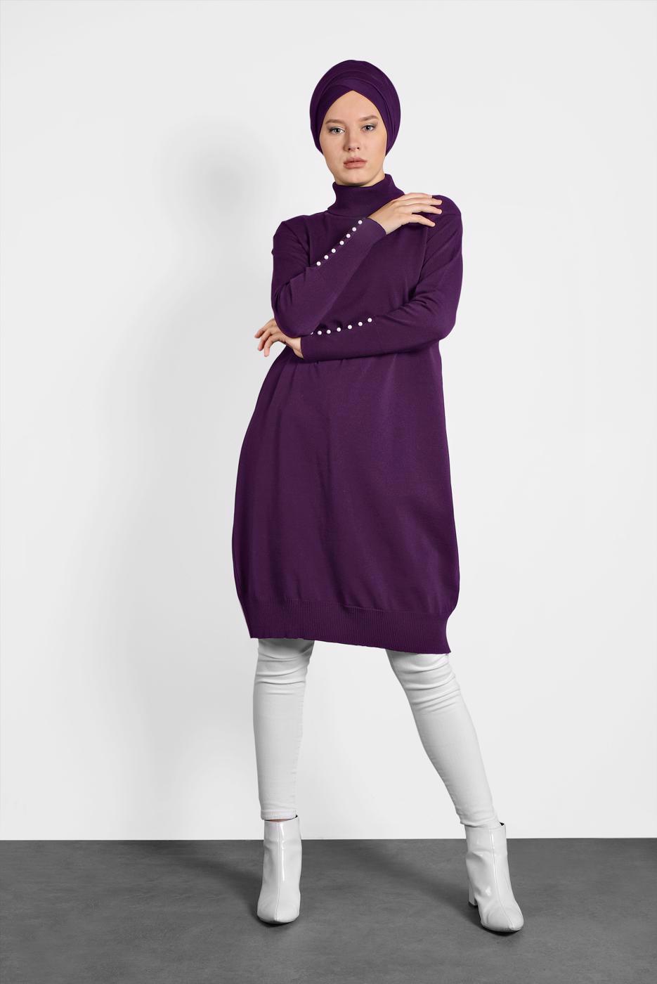 Tesettür giyim MÜRDÜM BALIKÇI YAKA KOLLARI İNCİ DETAYLI TRİKO TUNİK 40023 