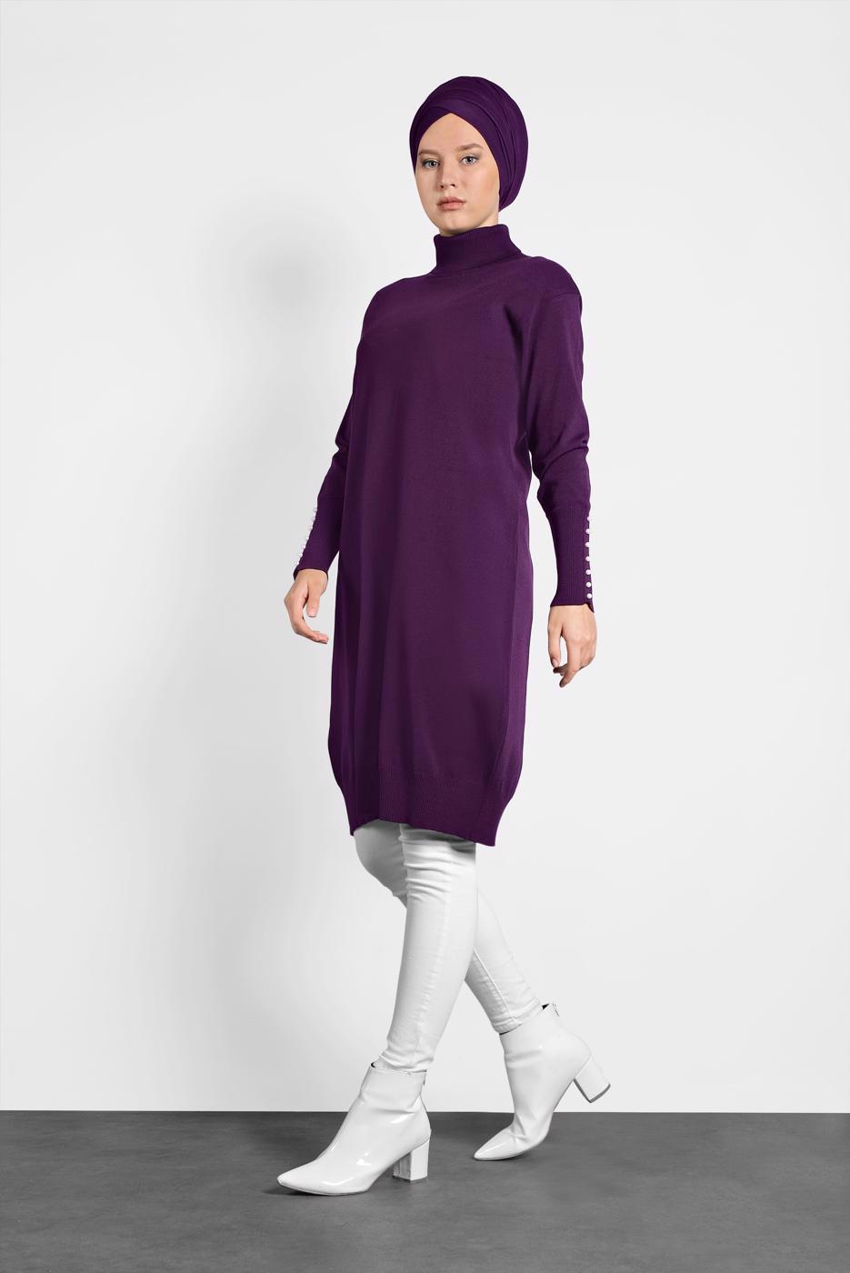 Tesettür giyim MÜRDÜM BALIKÇI YAKA KOLLARI İNCİ DETAYLI TRİKO TUNİK 40023 