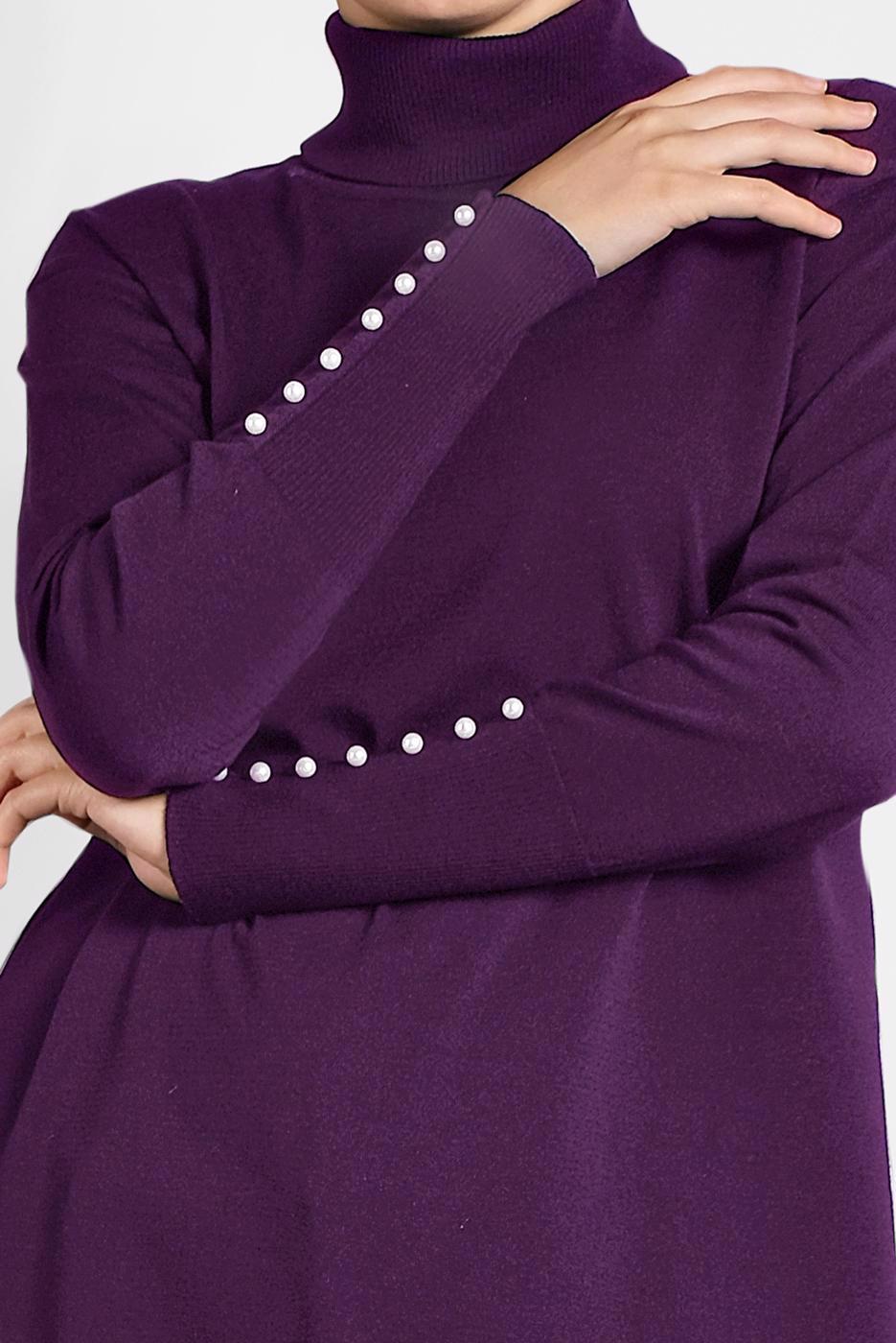 Tesettür giyim MÜRDÜM BALIKÇI YAKA KOLLARI İNCİ DETAYLI TRİKO TUNİK 40023 