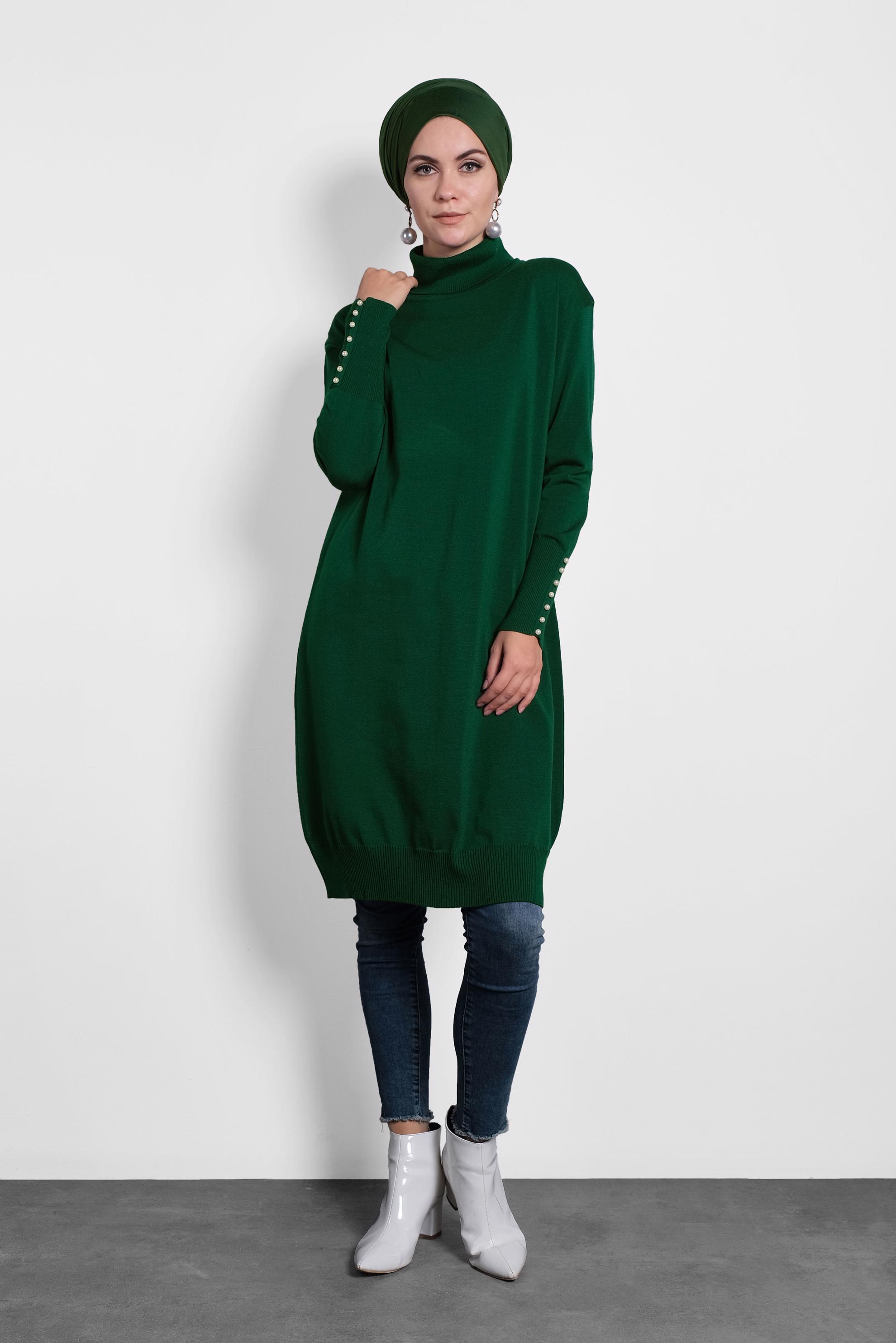 Tesettür giyim YEŞİL BALIKÇI YAKA KOLLARI İNCİ DETAYLI TRİKO TUNİK 40023 