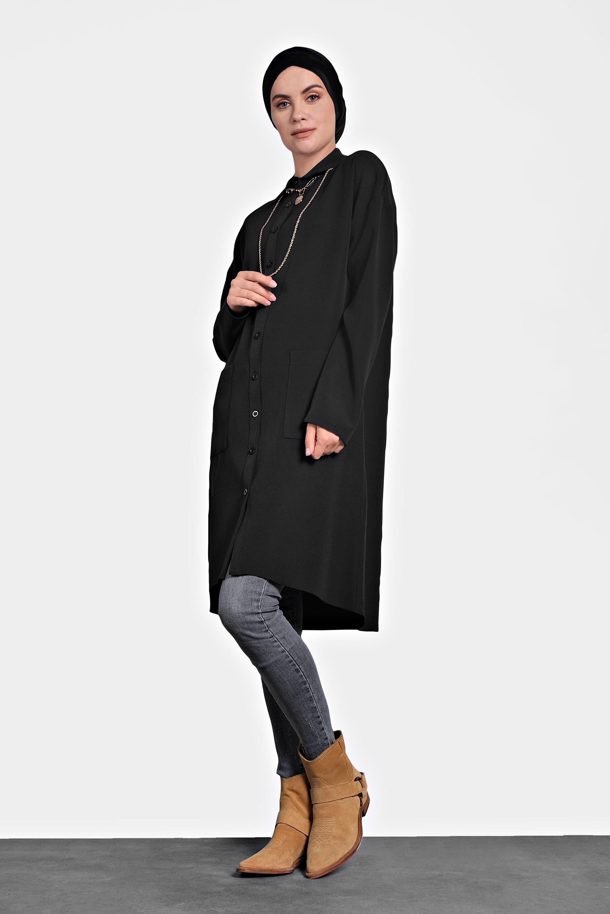 Tesettür giyim SİYAH BASKILI DÜĞMELİ TUNİK 40113 