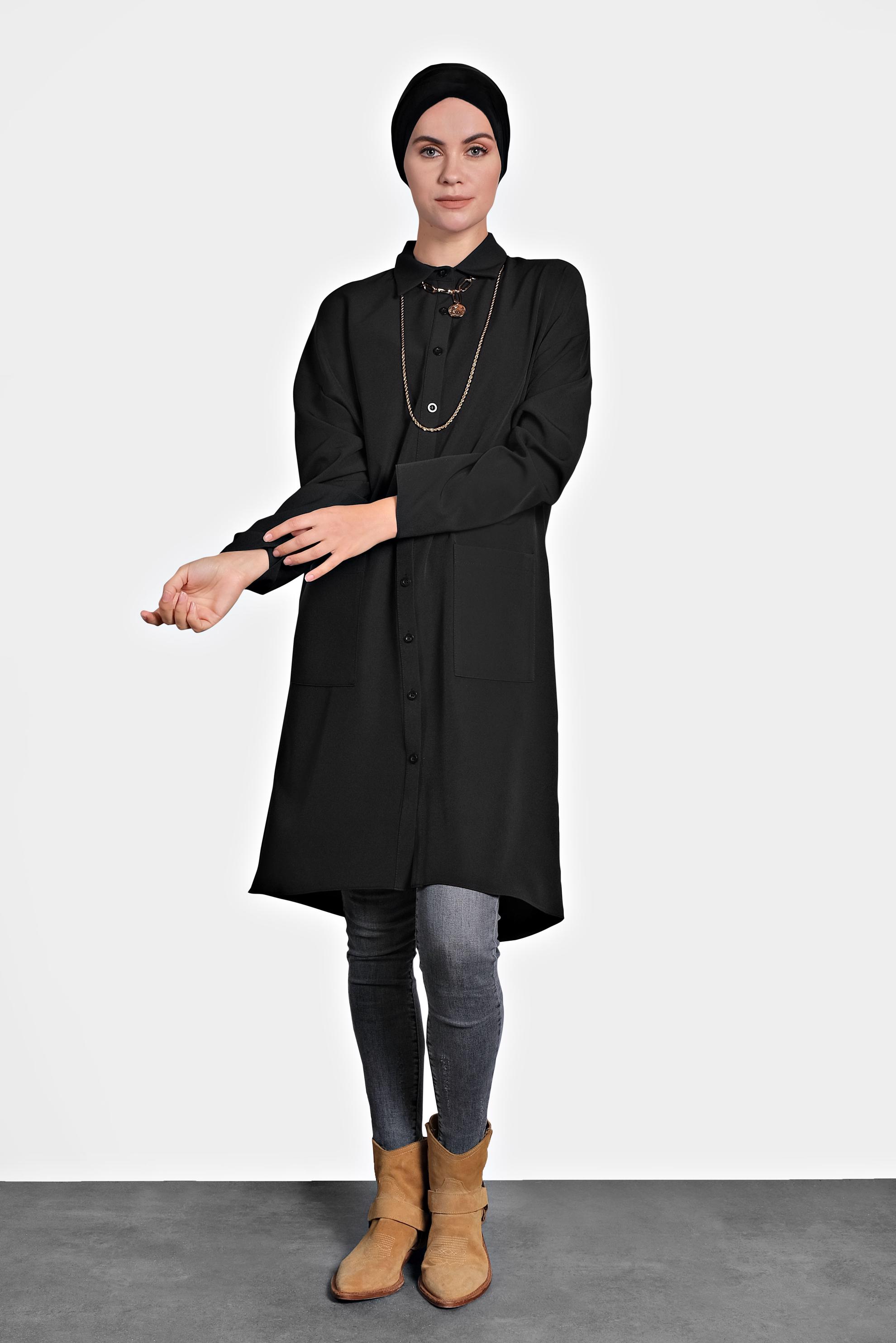 Tesettür giyim SİYAH BASKILI DÜĞMELİ TUNİK 40113 